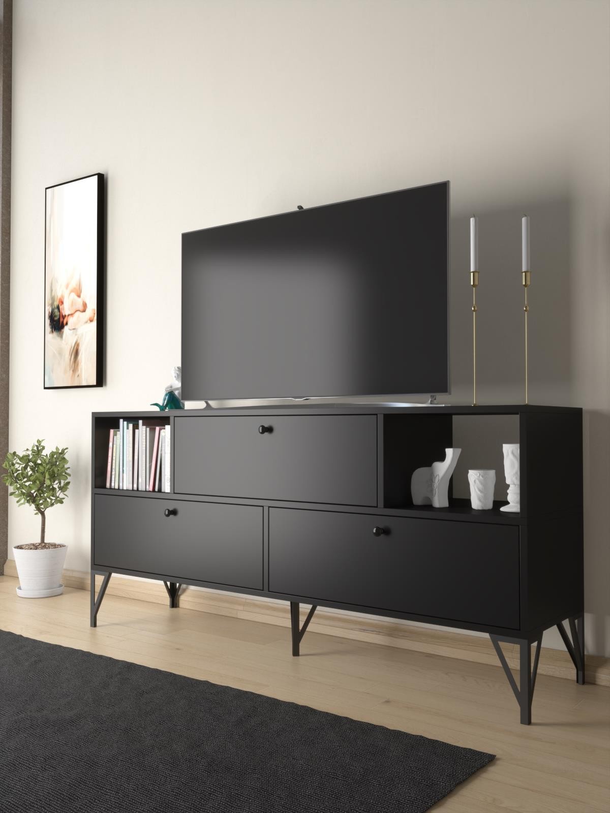 Wood'n Love Mia 160 Cm Metal Ayaklı Tv Ünitesi - Konsol - Siyah / Siyah