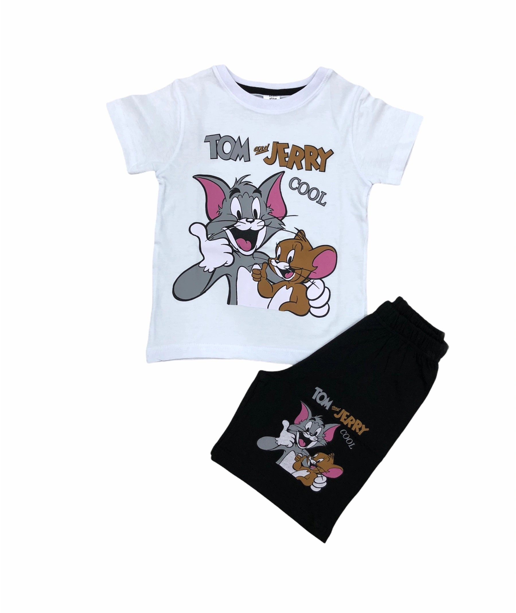 Soie Cotton Erkek Çocuk Tom ve Jerry Baskılı Şortlu Penye Takım  - Beyaz-Siyah - 1000020983