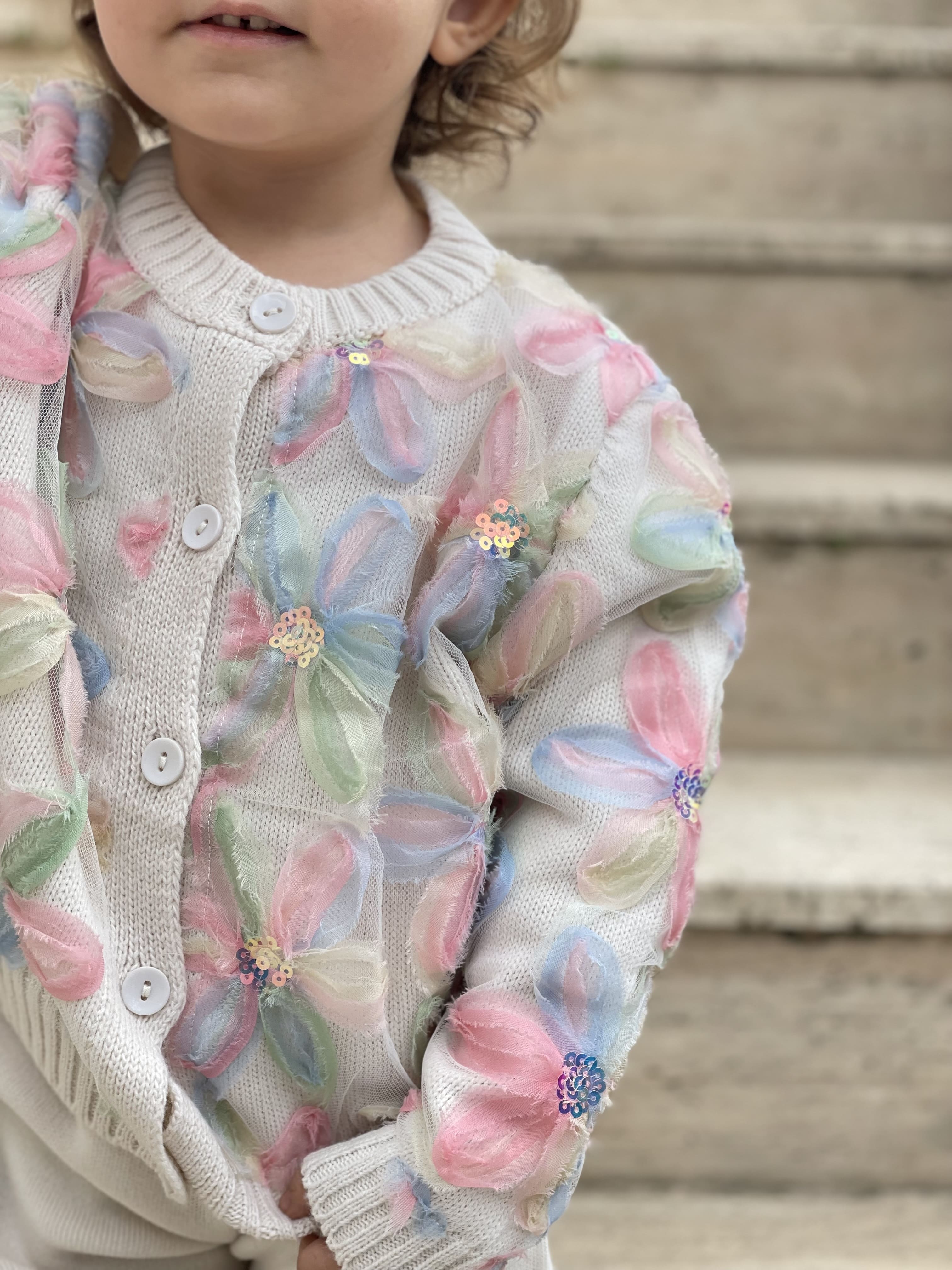 Kız Çocuk Tüllü Zambaklı %100 Pamuk Triko Bej İkili Takım