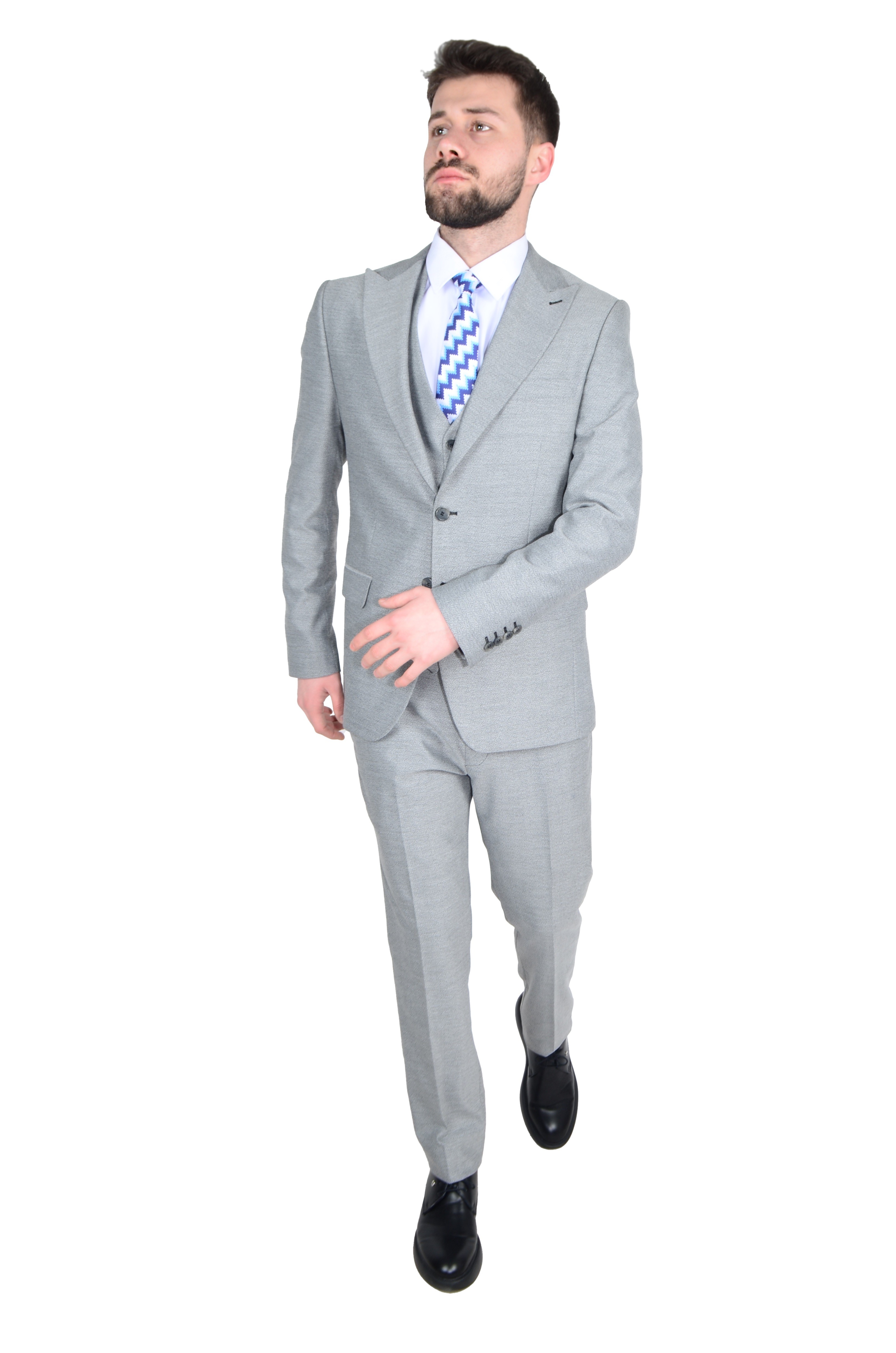 Erkek Slim Fit Kırlangıç Yaka Kum Desen Çift Düğme Takım Elbise