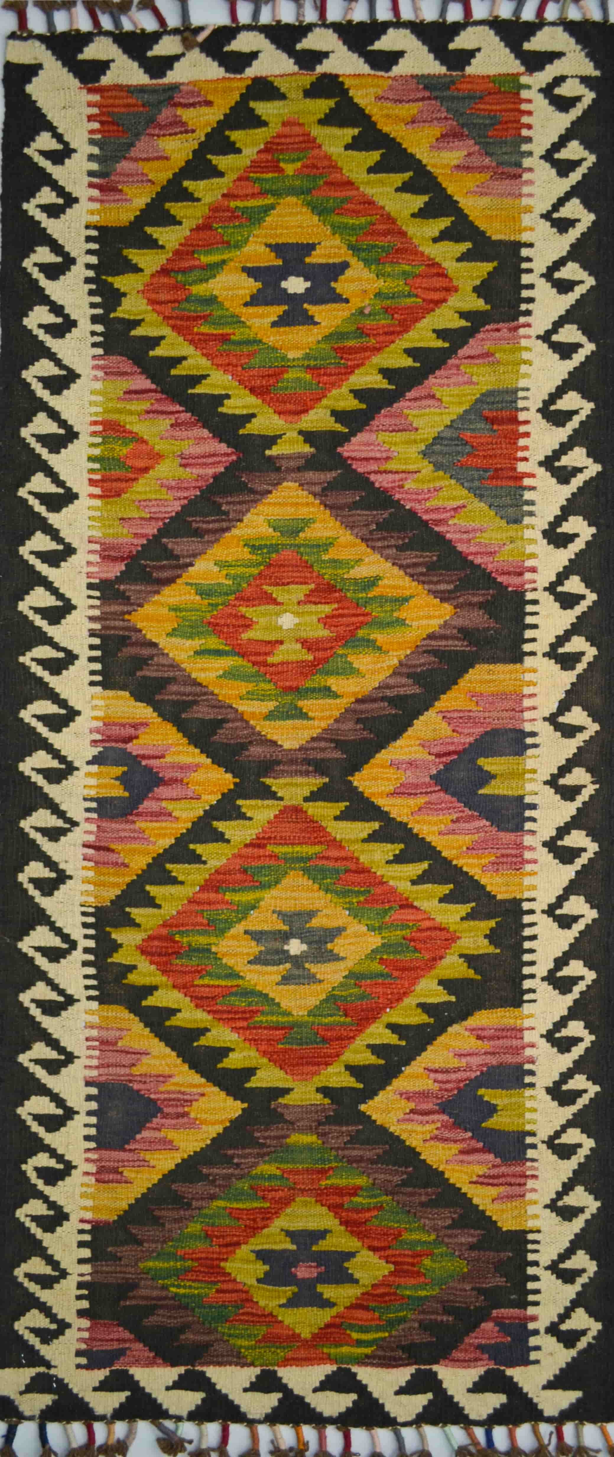 Yün İplikten El Dokuma Renkli Afgan Kilim Yolluk 62x163 cm (1.01 m²)