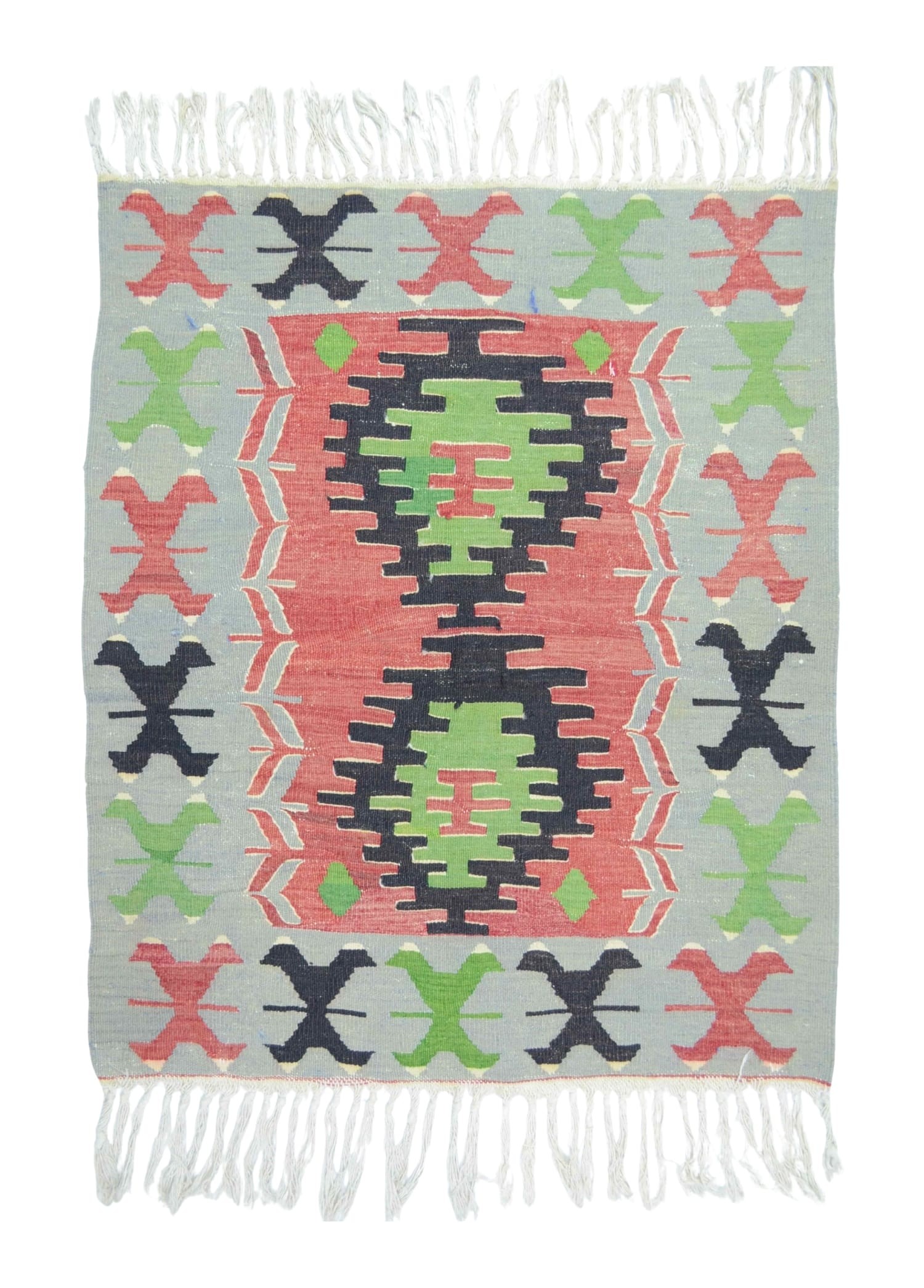 Yünden El Dokuma Gri, Kırmızı ve Yeşil Renk Uşak Kilim 91x112 cm (1.02 m²)