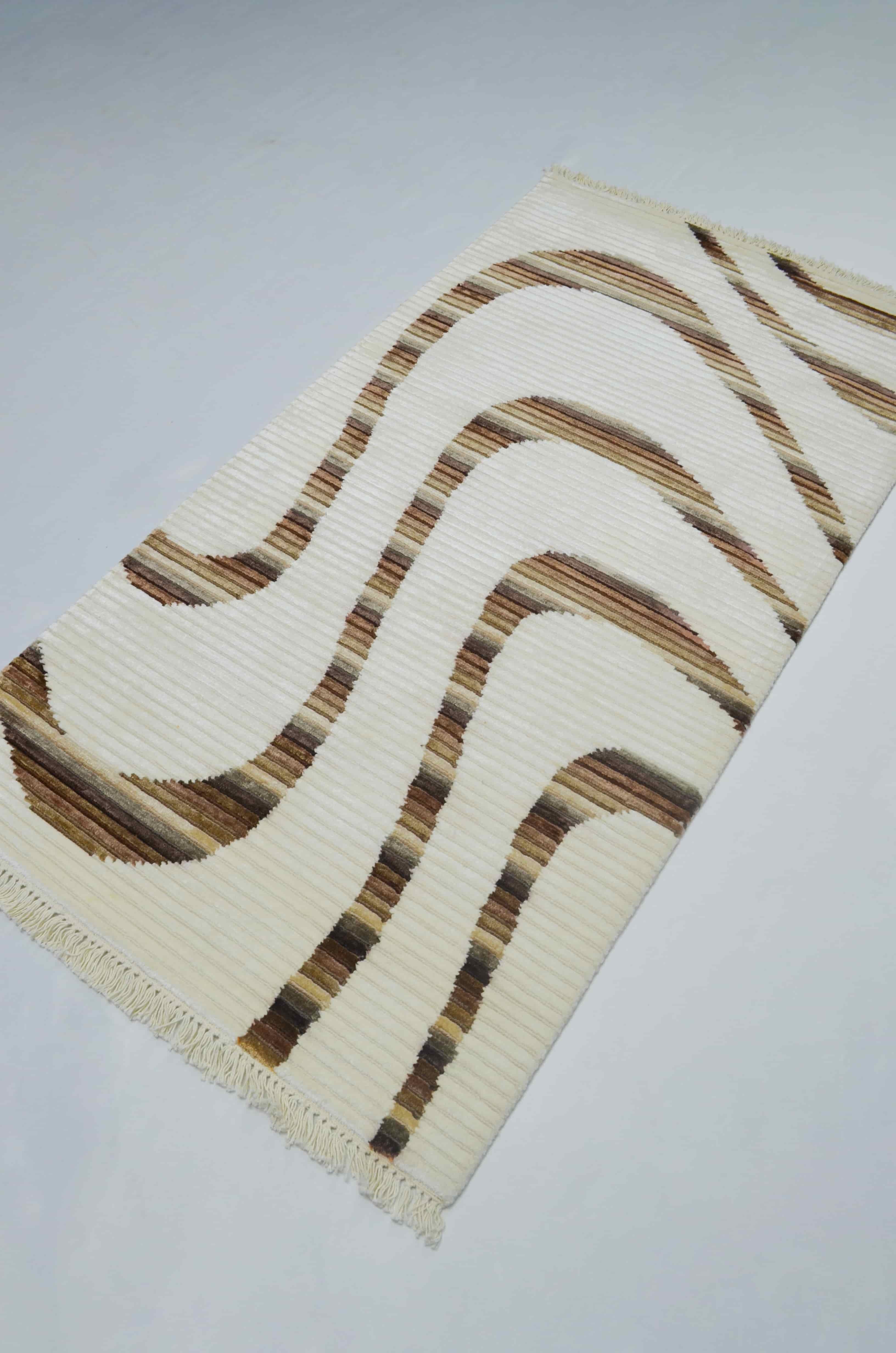 Yüksek Kalite Yünden El Dokuma Krem ve Kahverengi Renk Nepal Halısı 80x150 cm (1.2 m²)