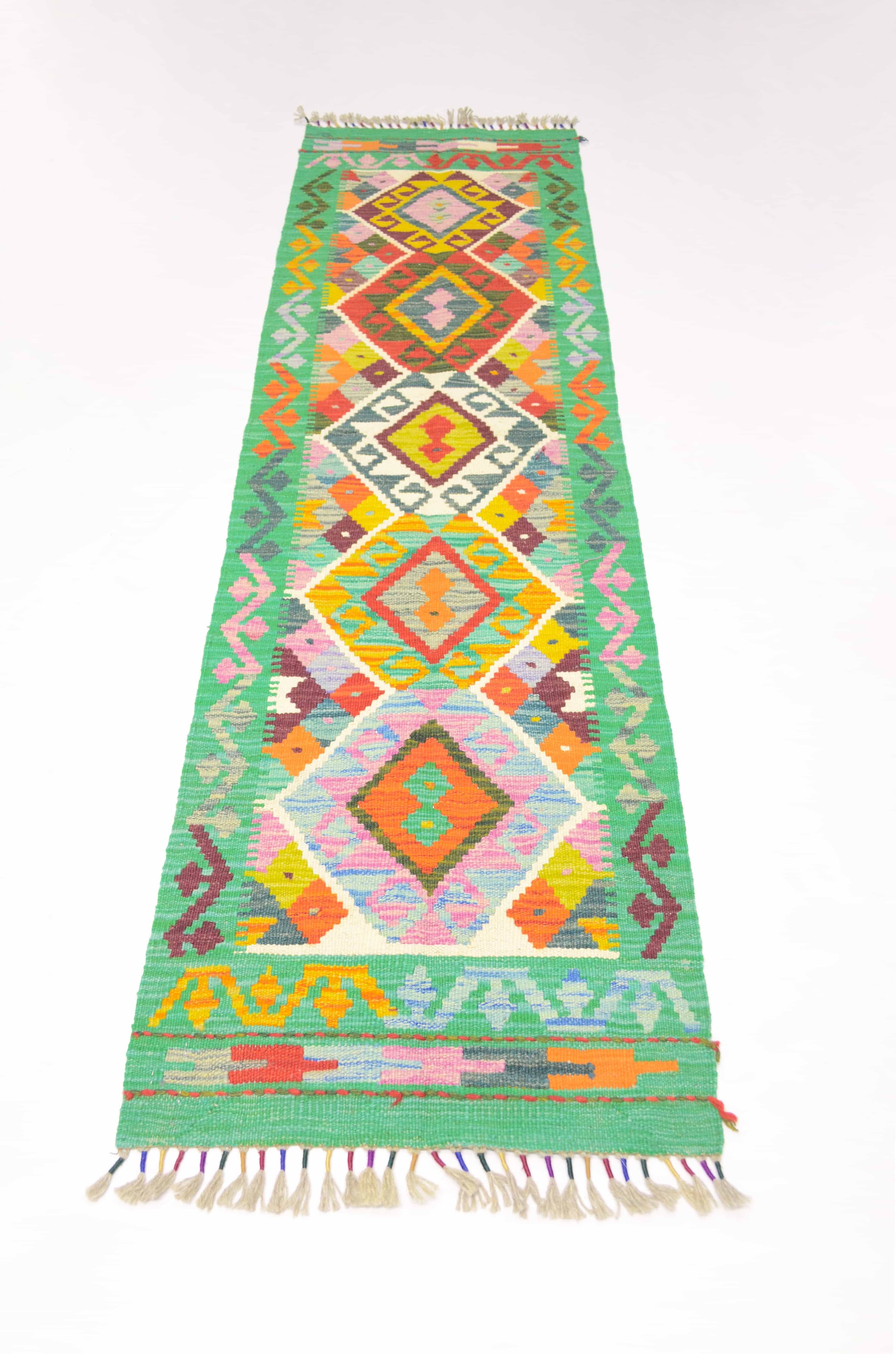 Yün İplikten El Dokuma Yeşil Afgan Kilim Yolluk 56x200 cm (1.12 m²)