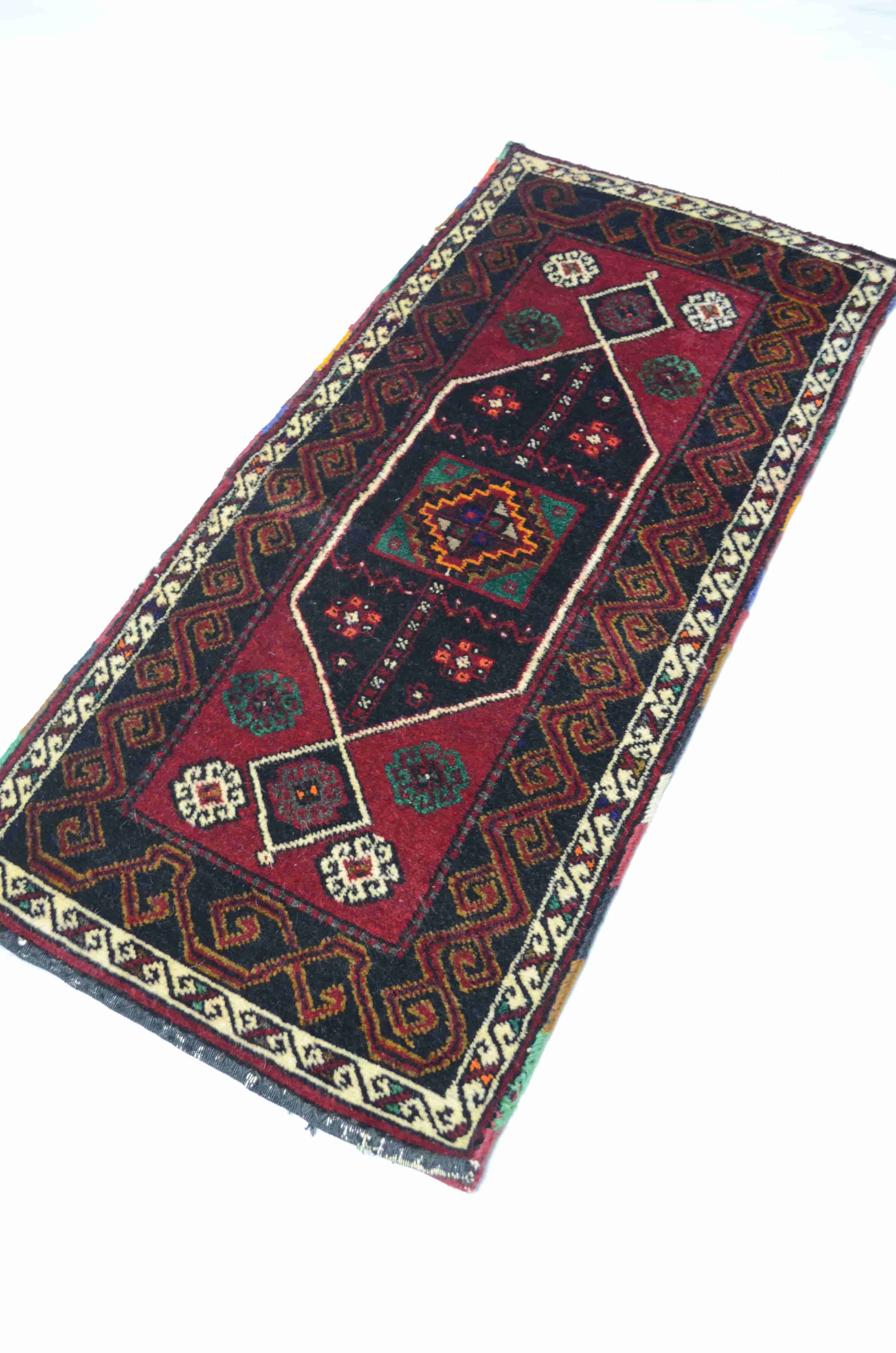 Vintage Sivas Kangal El Dokuma Bordo ve Siyah Renk Yün Yastık Kilim 56x118 cm (0,66 m²)