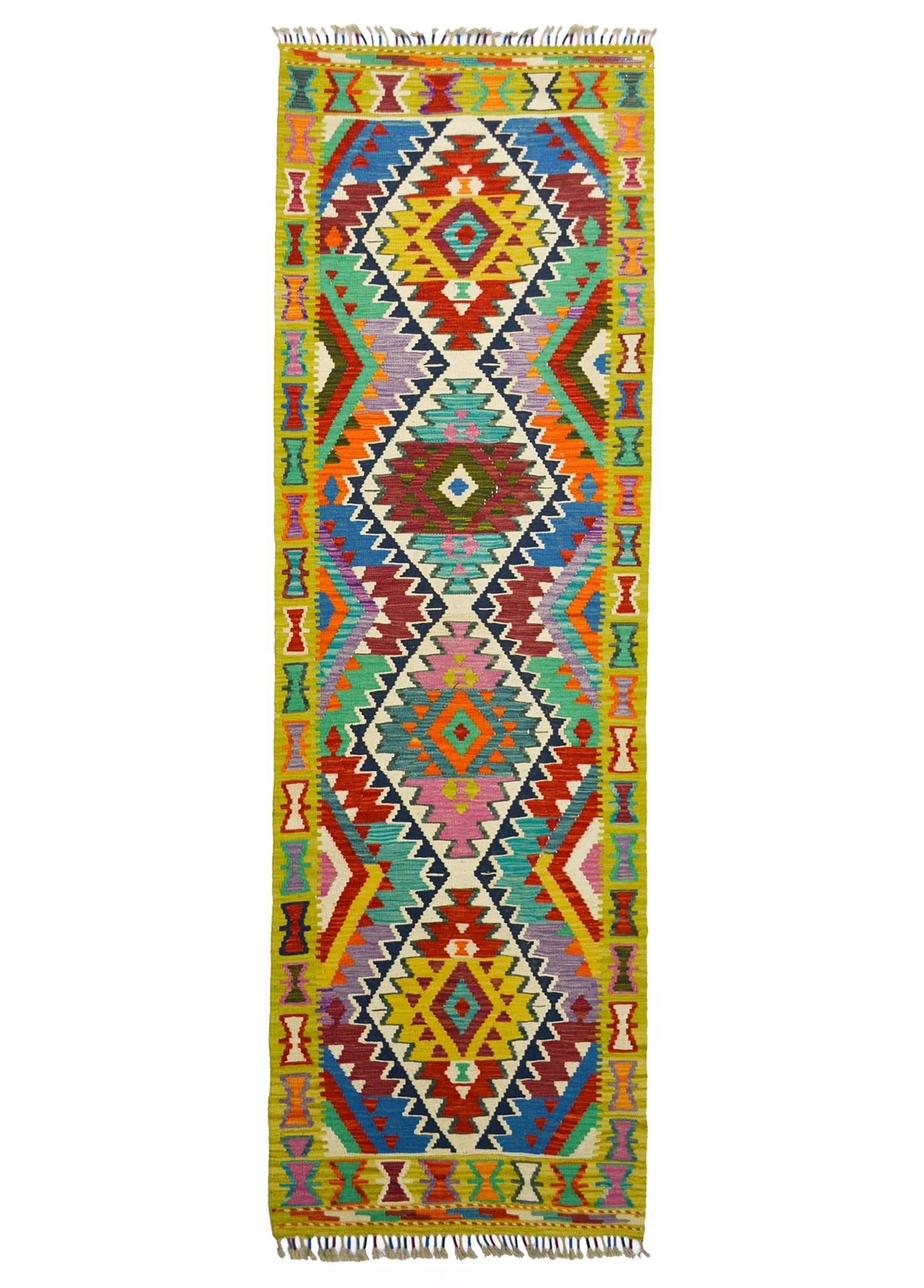 Yün İplikten El Dokuma Yeşil Renk Afgan Kilim Yolluk 82x303 cm (2.5 m²)