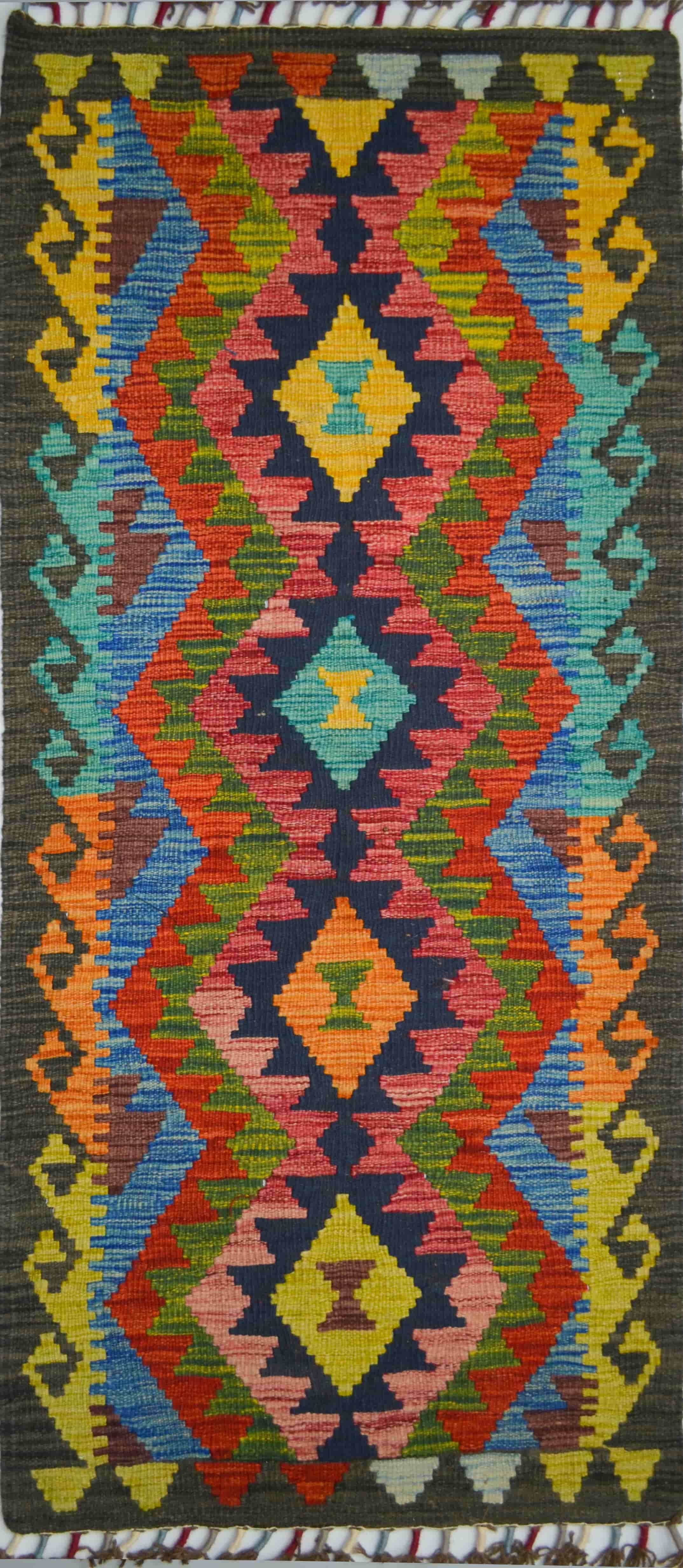 Yün İplikten El Dokuma Renkli Afgan Yolluk Kilim 62x166 cm (1.03 m²)