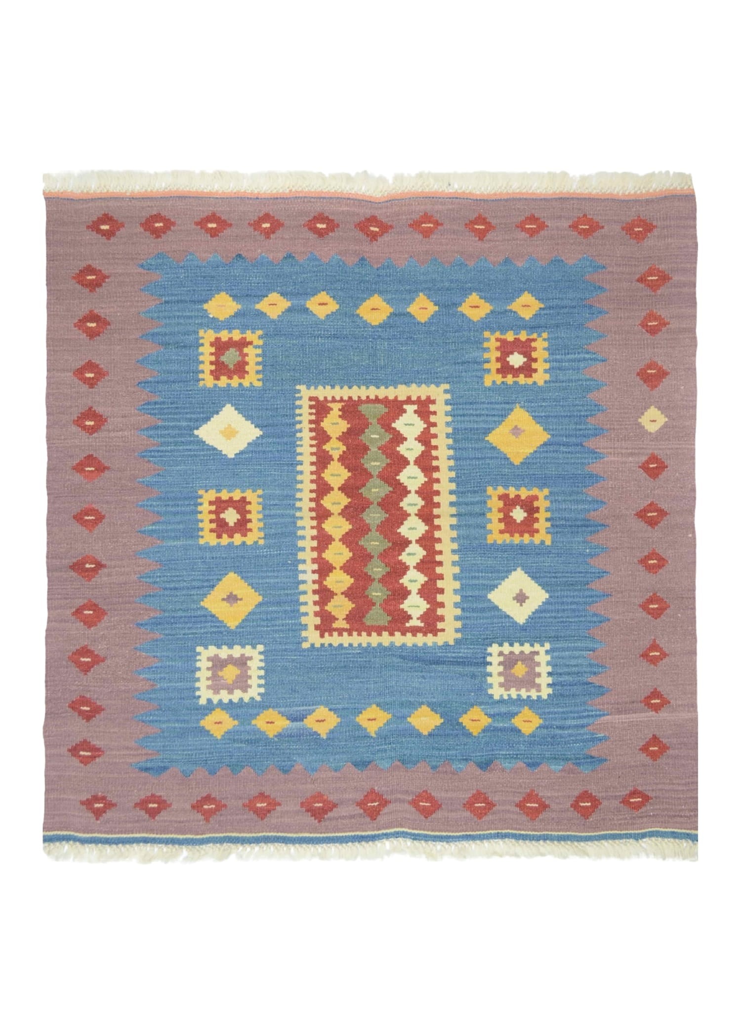 İran Koçan Yünden El Dokuma Mavi ve Mor Renk Sofra Kilimi 90x90 cm (0.81 m²)