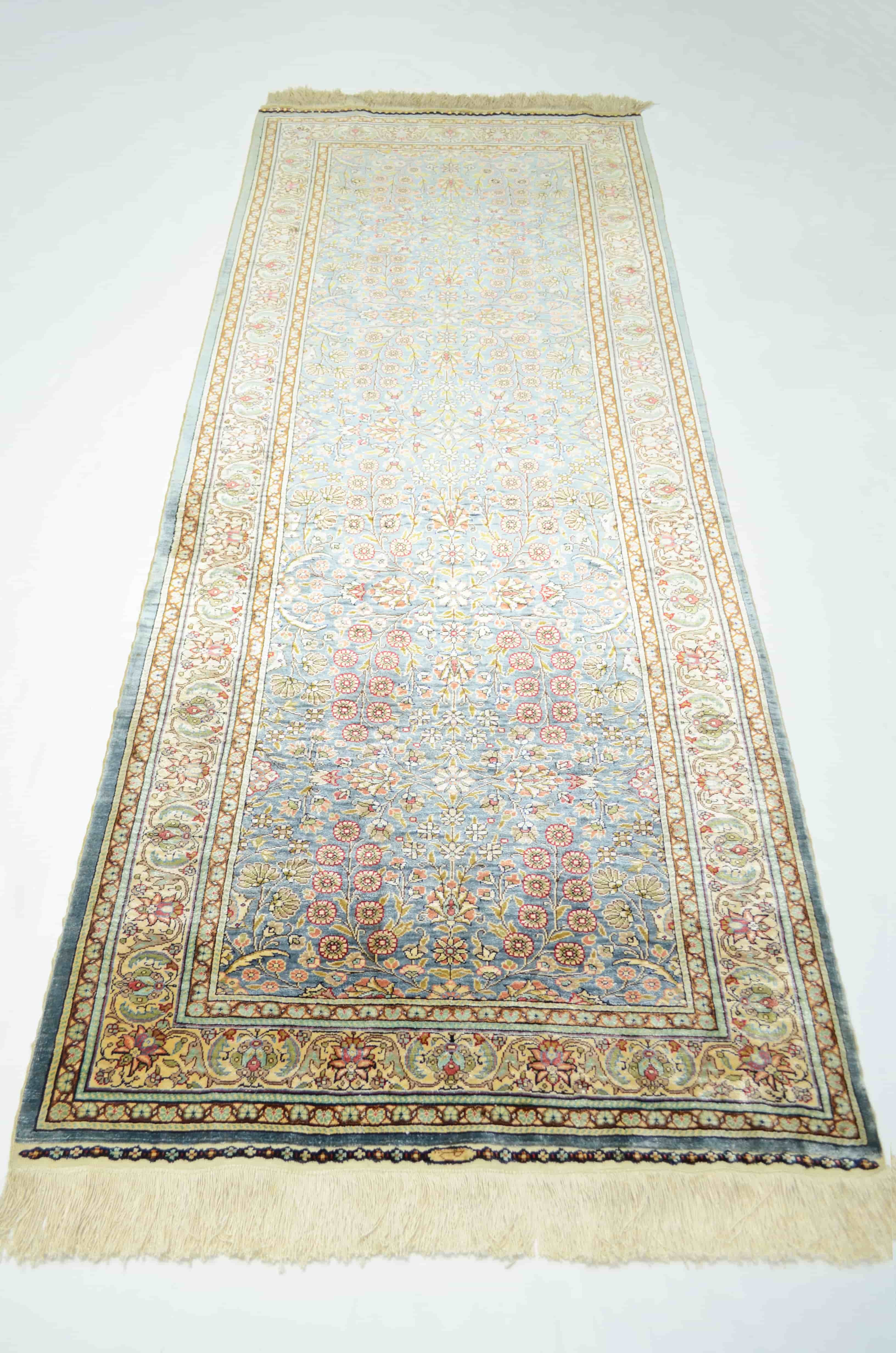 Saf İpekten El Dokuma Çelik Mavisi Kayseri Halısı Yolluk 85x220 cm (1.87 m²)