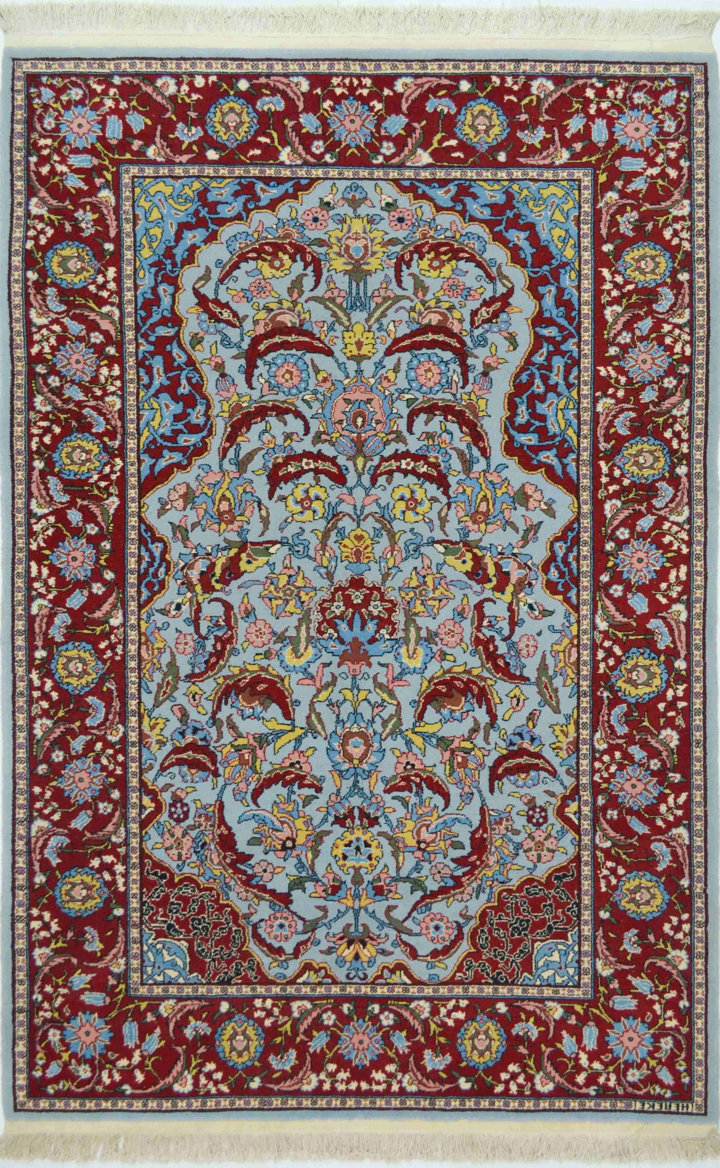 Orijinal Sümerbank Mihraplı Hereke El Dokuma Mavi ve Bordo Renk Yün Halı 112x181 cm (2.03 m²)