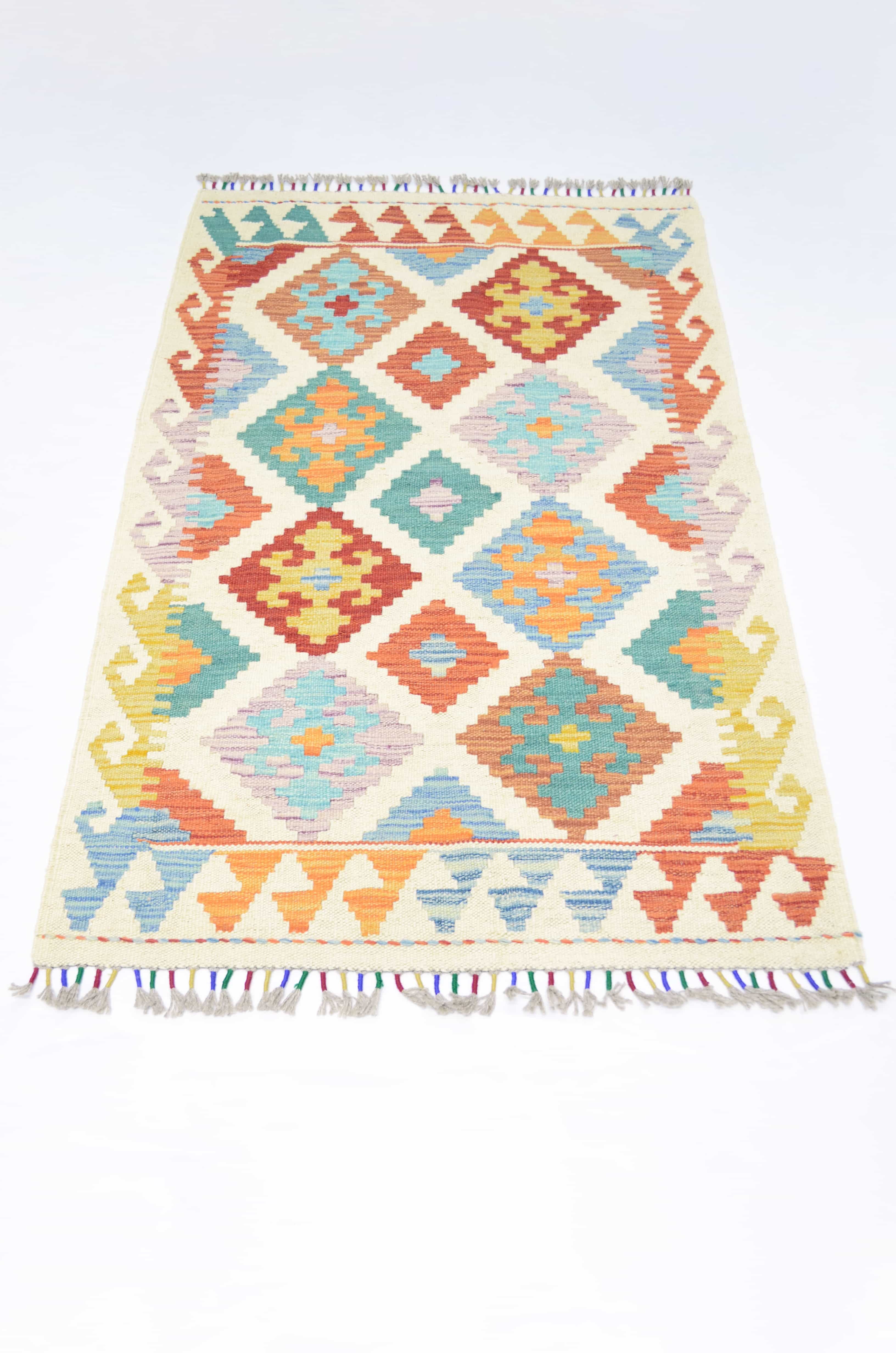 Yün İplikten El Dokuma Krem Renk Afgan Kilim 76x123 cm (0.94 m²)