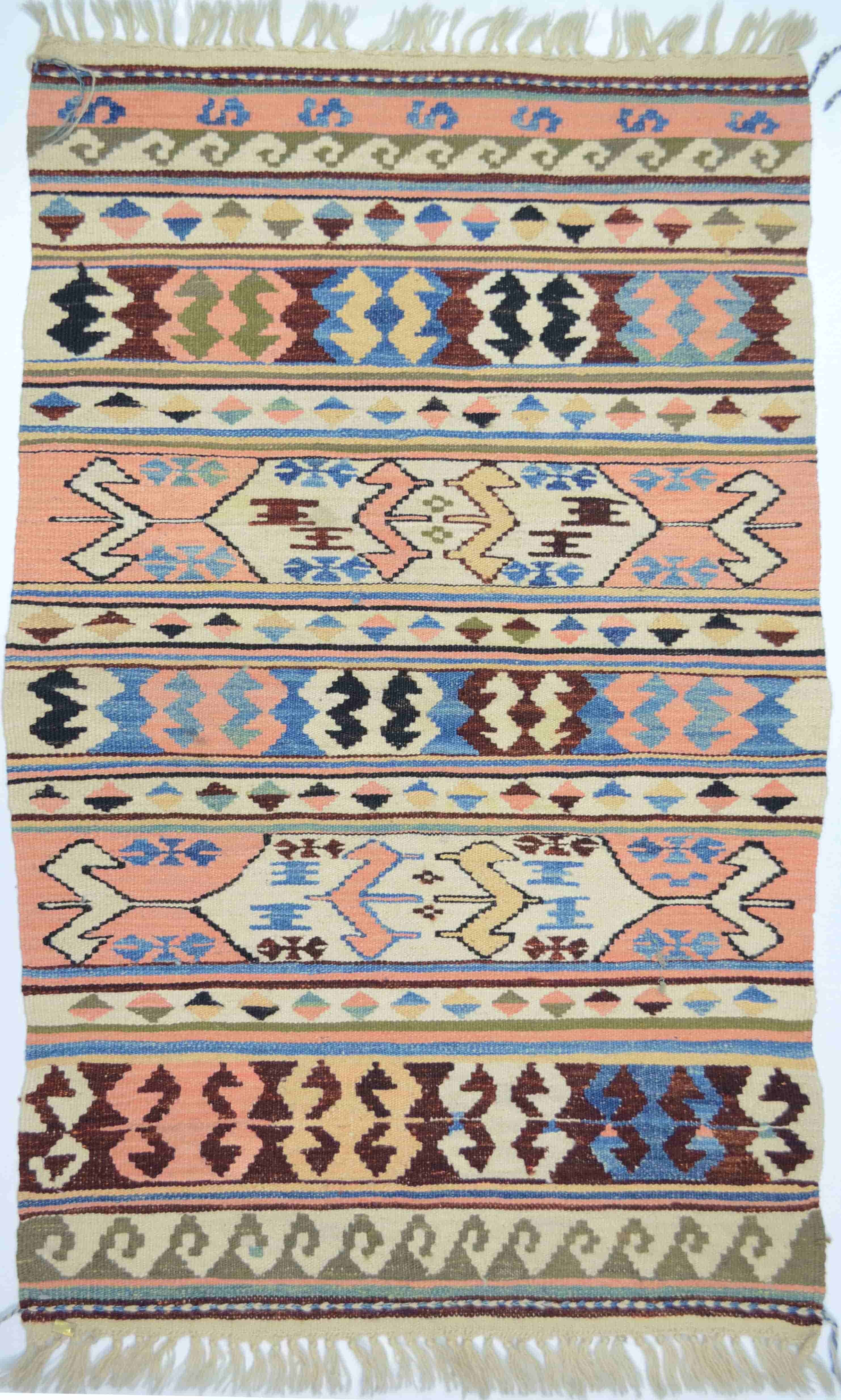 Konya Karapınar El Dokuma Pembe ve Krem Kirmen Yün Kilim 76x121 cm (0.92 m²)