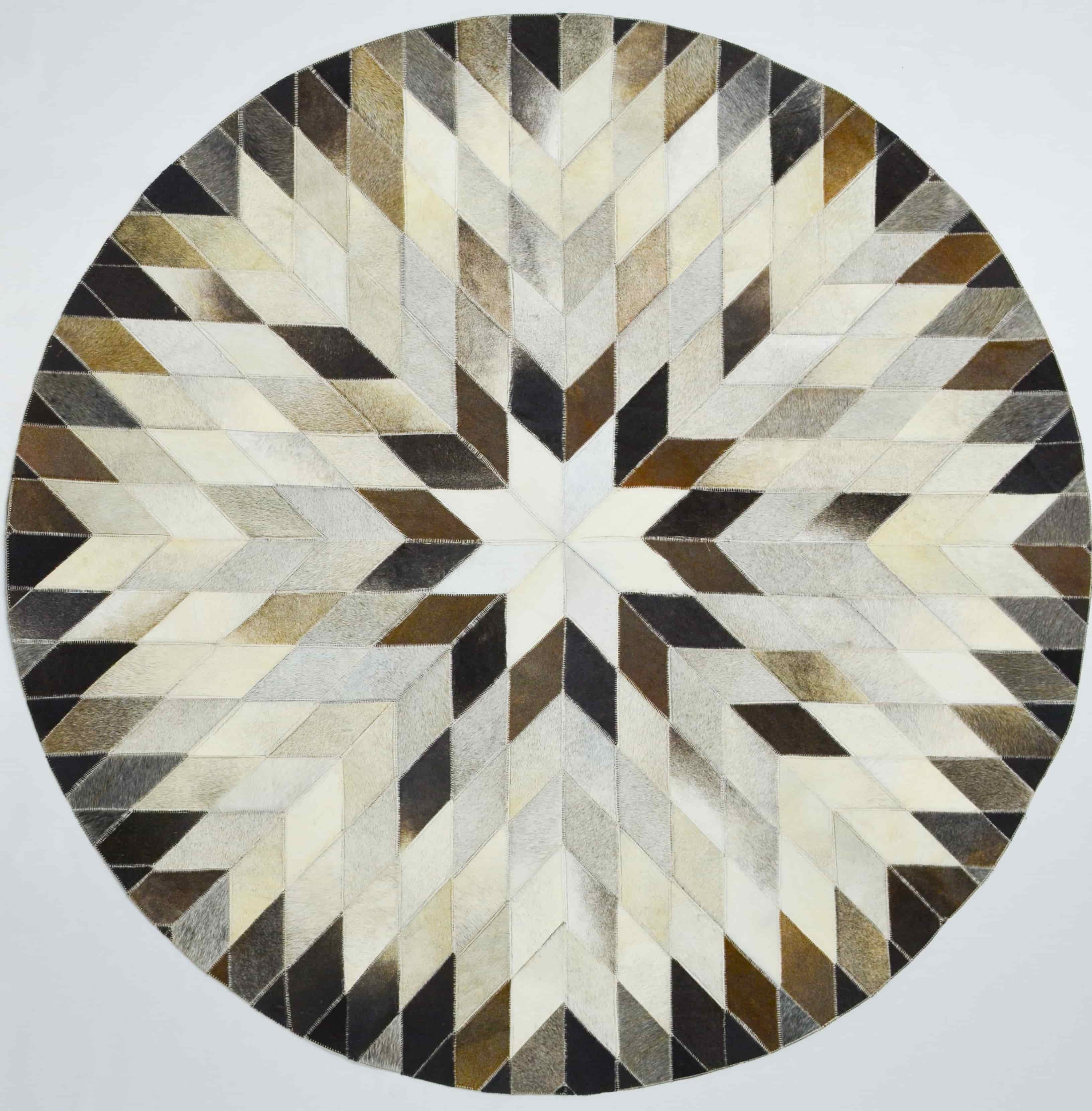 Krem ve Vizon Renk Baklava Desen Yuvarlak Deri Patchwork Halı 150x150 cm (2,25 m²)