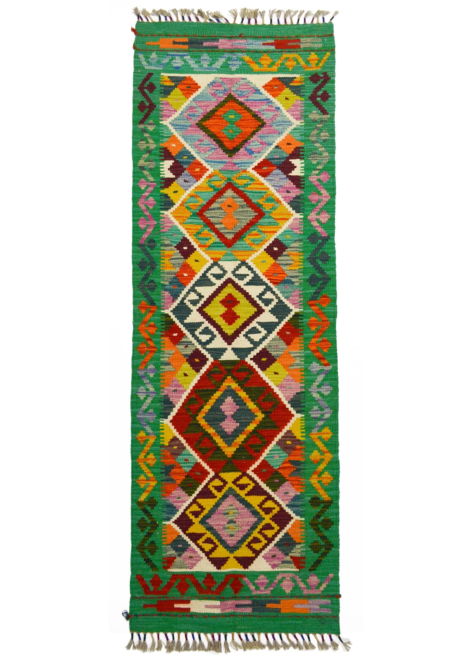 Yün İplikten El Dokuma Yeşil Afgan Kilim Yolluk 56x200 cm (1.12 m²)