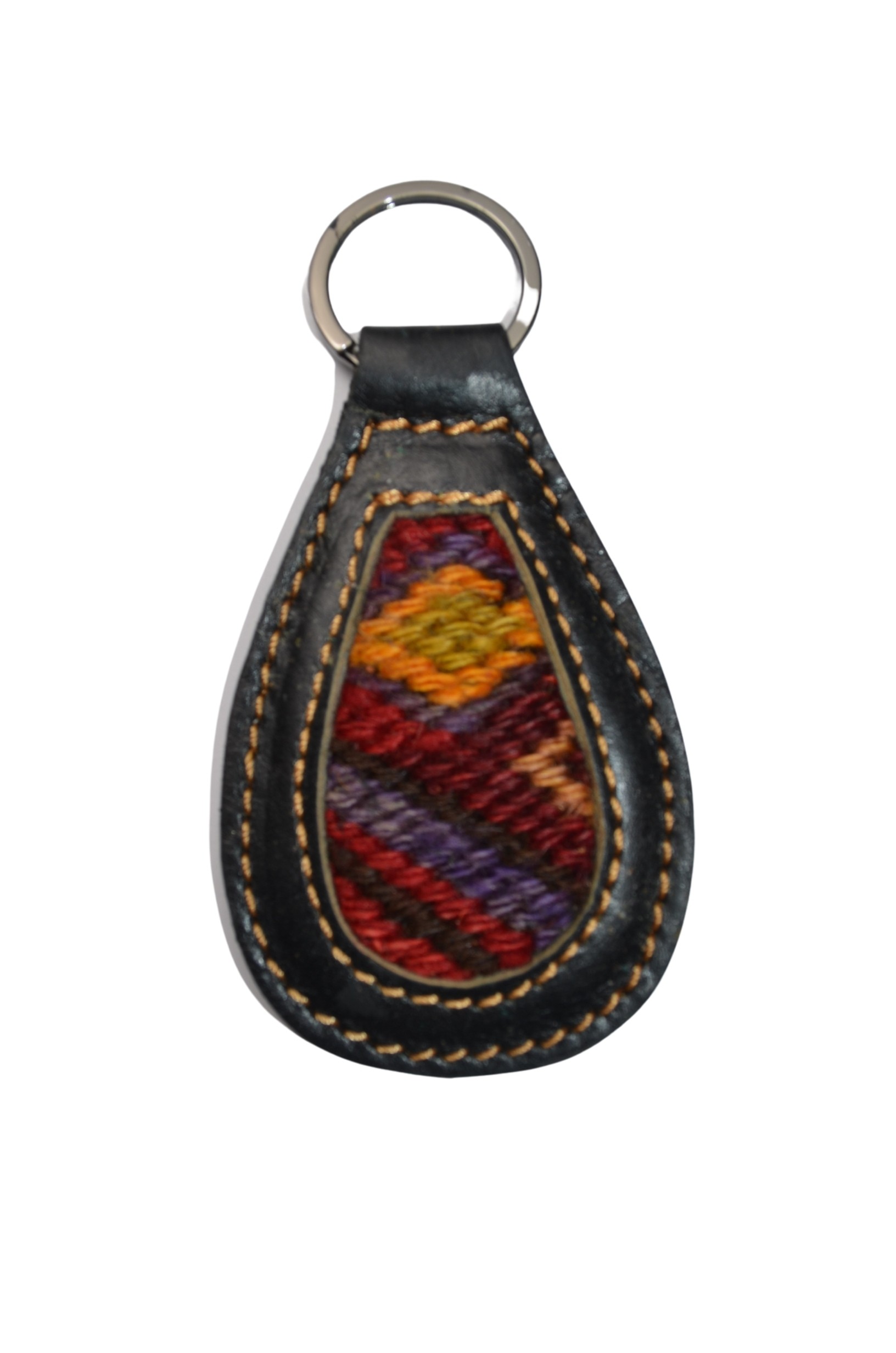 El Dokuma Kilim ve Gerçek Deri Detaylı Siyah Renk Anahtarlık & Çanta Süsü A5