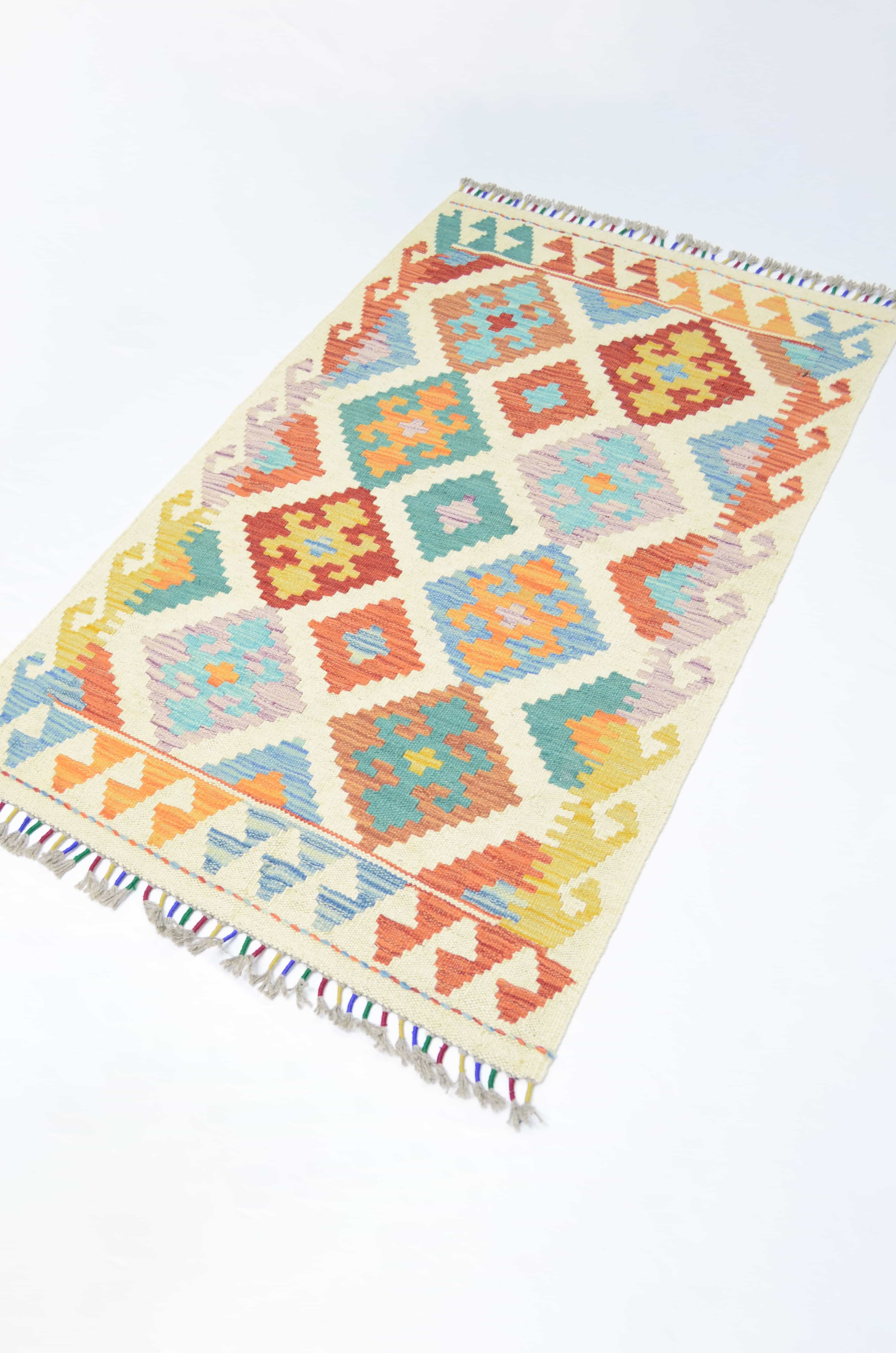 Yün İplikten El Dokuma Krem Renk Afgan Kilim 76x123 cm (0.94 m²)