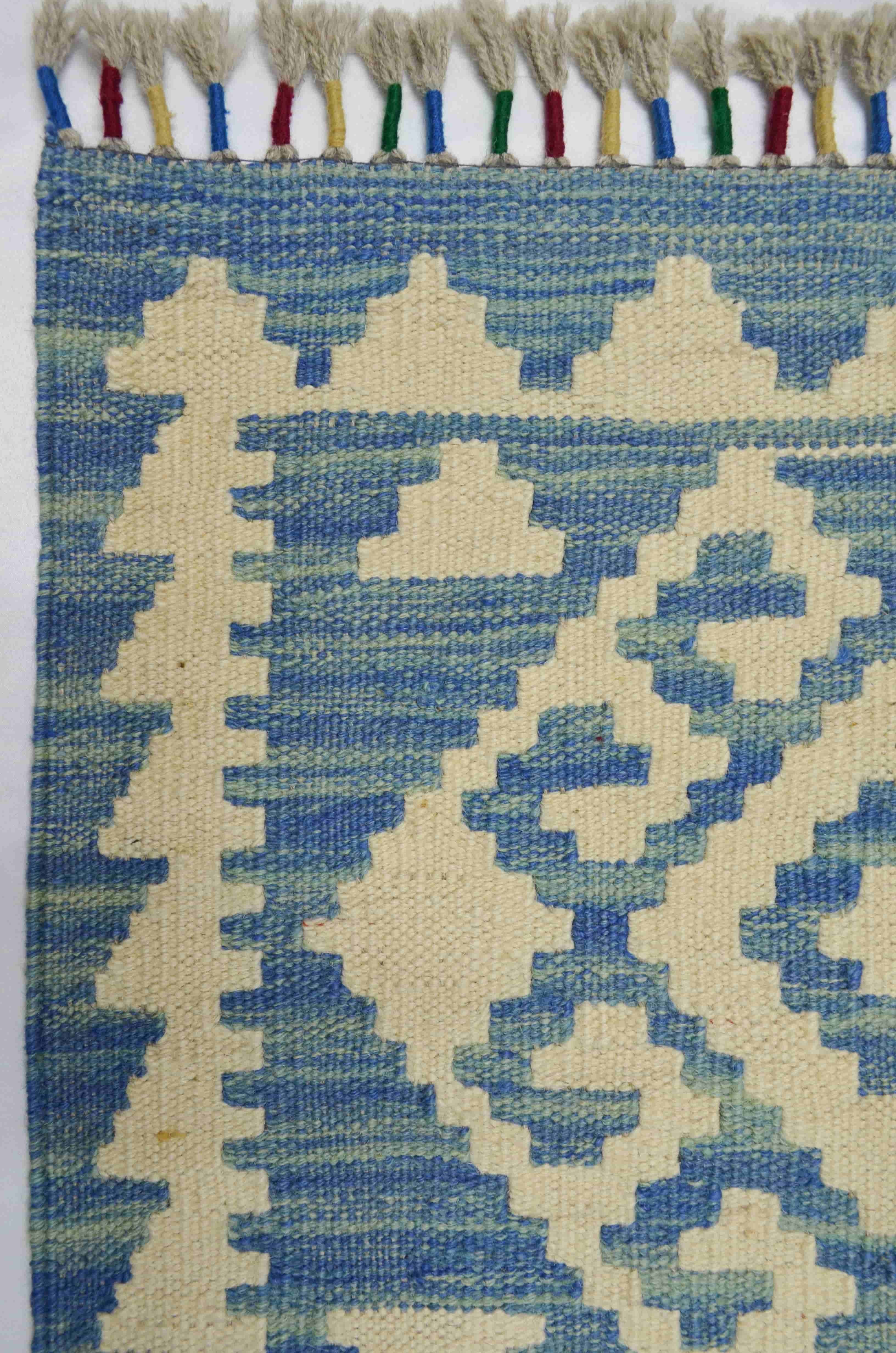 Yün İplikten El Dokuma Krem ve Mavi Renk Afgan Kilim 83x127 cm (1.05 m²)