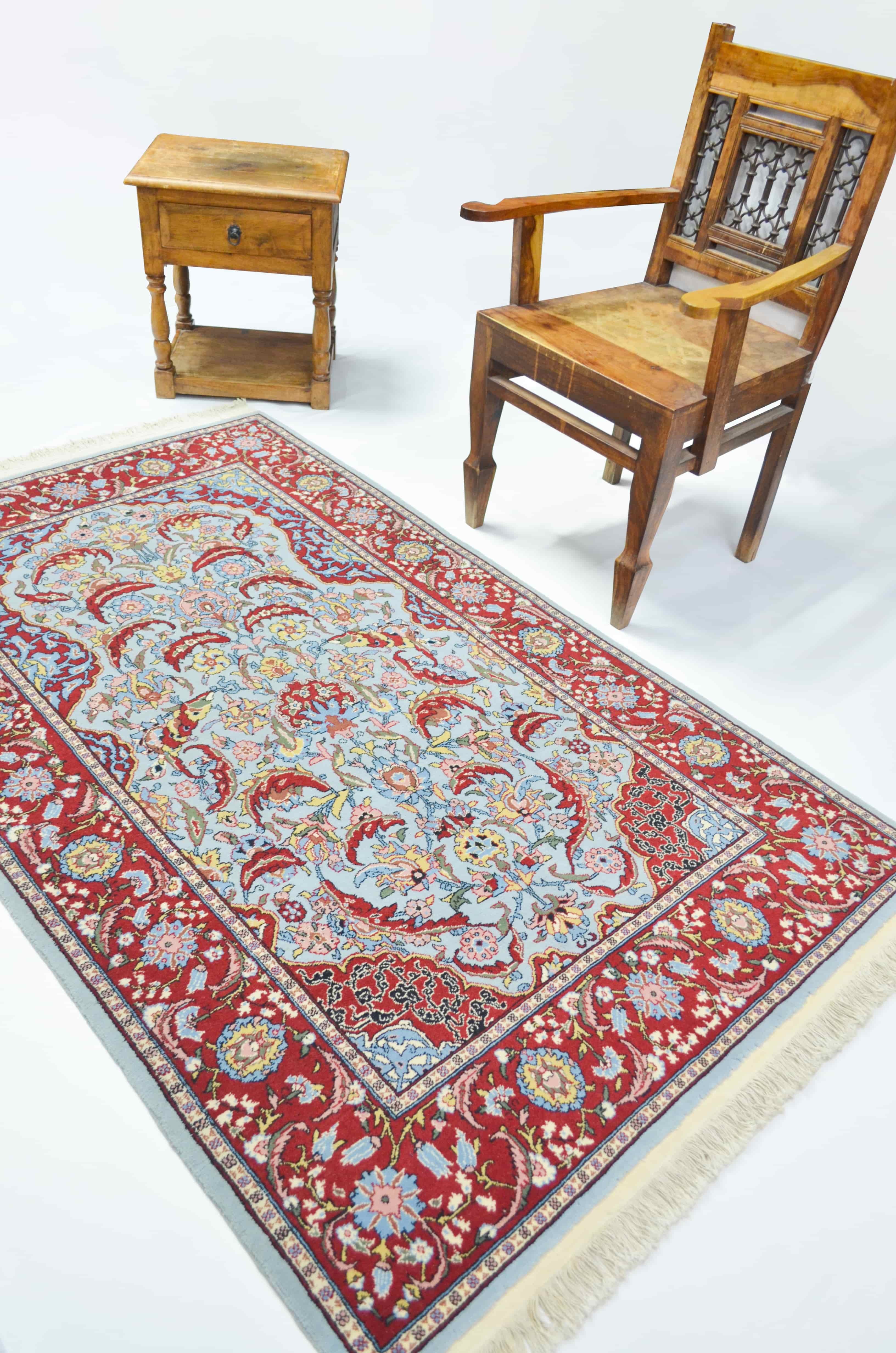 Orijinal Sümerbank Mihraplı Hereke El Dokuma Mavi ve Bordo Renk Yün Halı 112x181 cm (2.03 m²)
