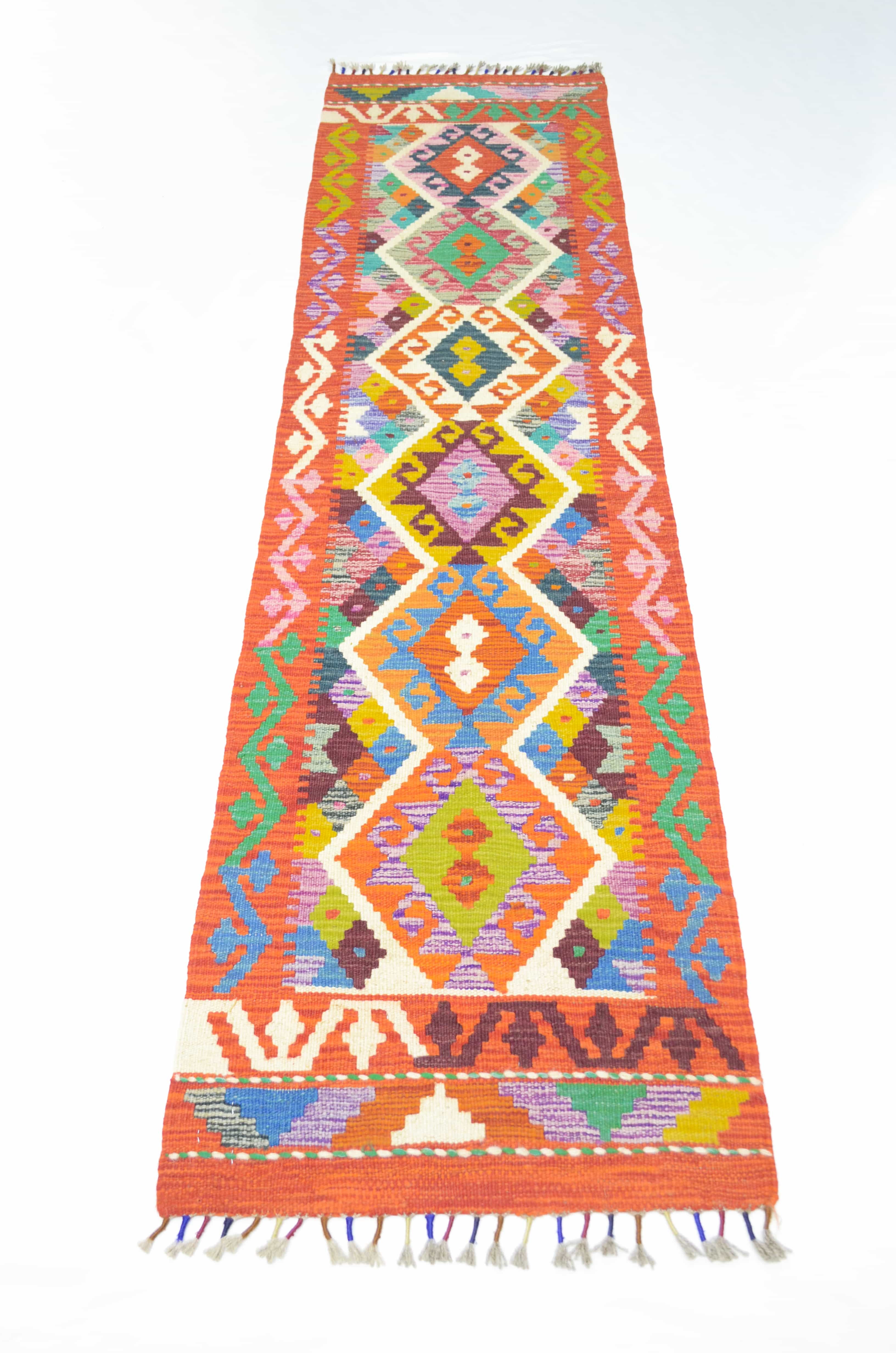 Yün İplikten El Dokuma Turuncu Renk Afgan Kilim Yolluk 86x207 cm (1.78 m²)