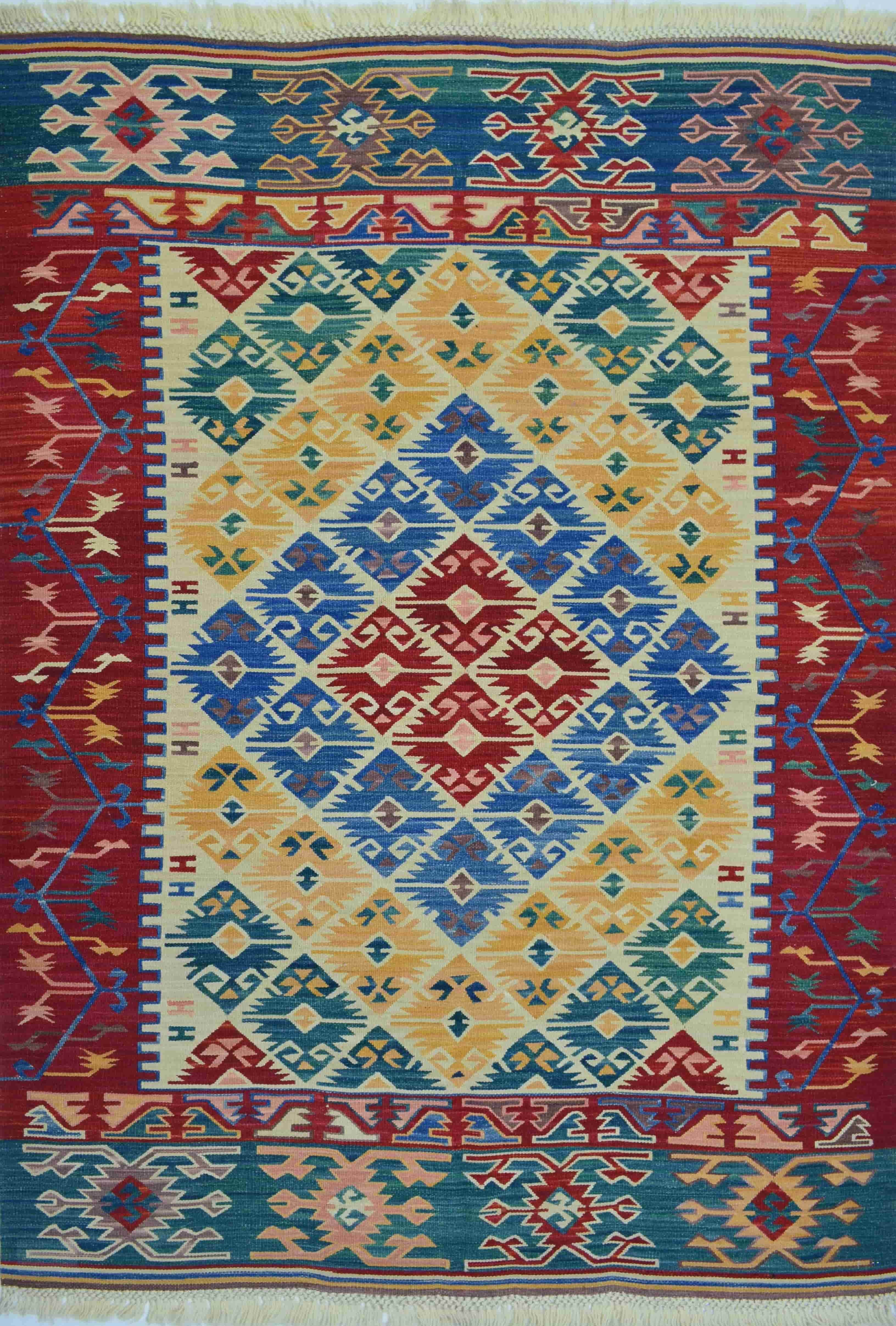 El Dokuma Renkli Kirmen Yünü ve Doğal Kök Boya Kilim 120x180 cm (2.16 m²)