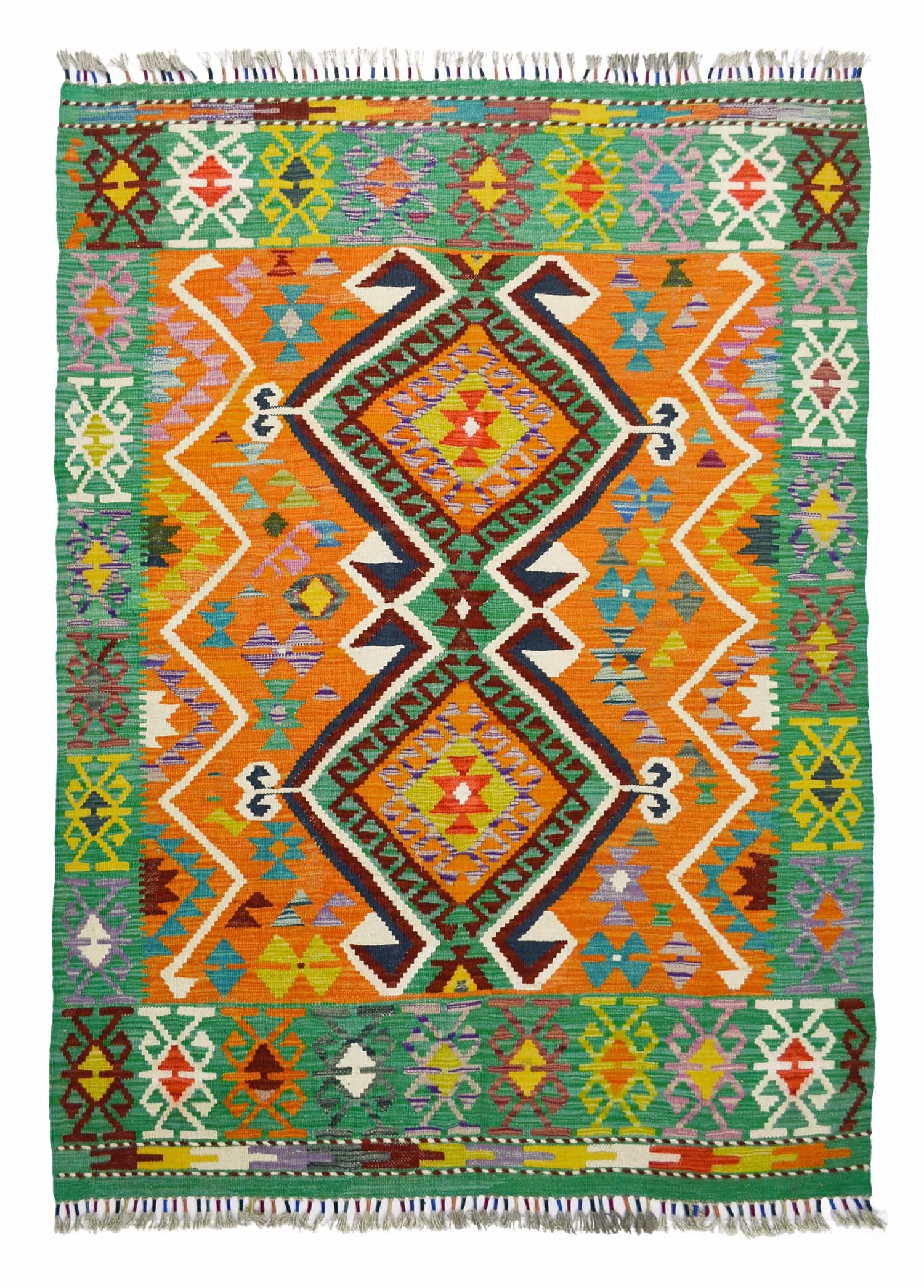 Yün İplikten El Dokuma Yeşil ve Turuncu Afgan Kilim 126x176 cm (2.22 m²)