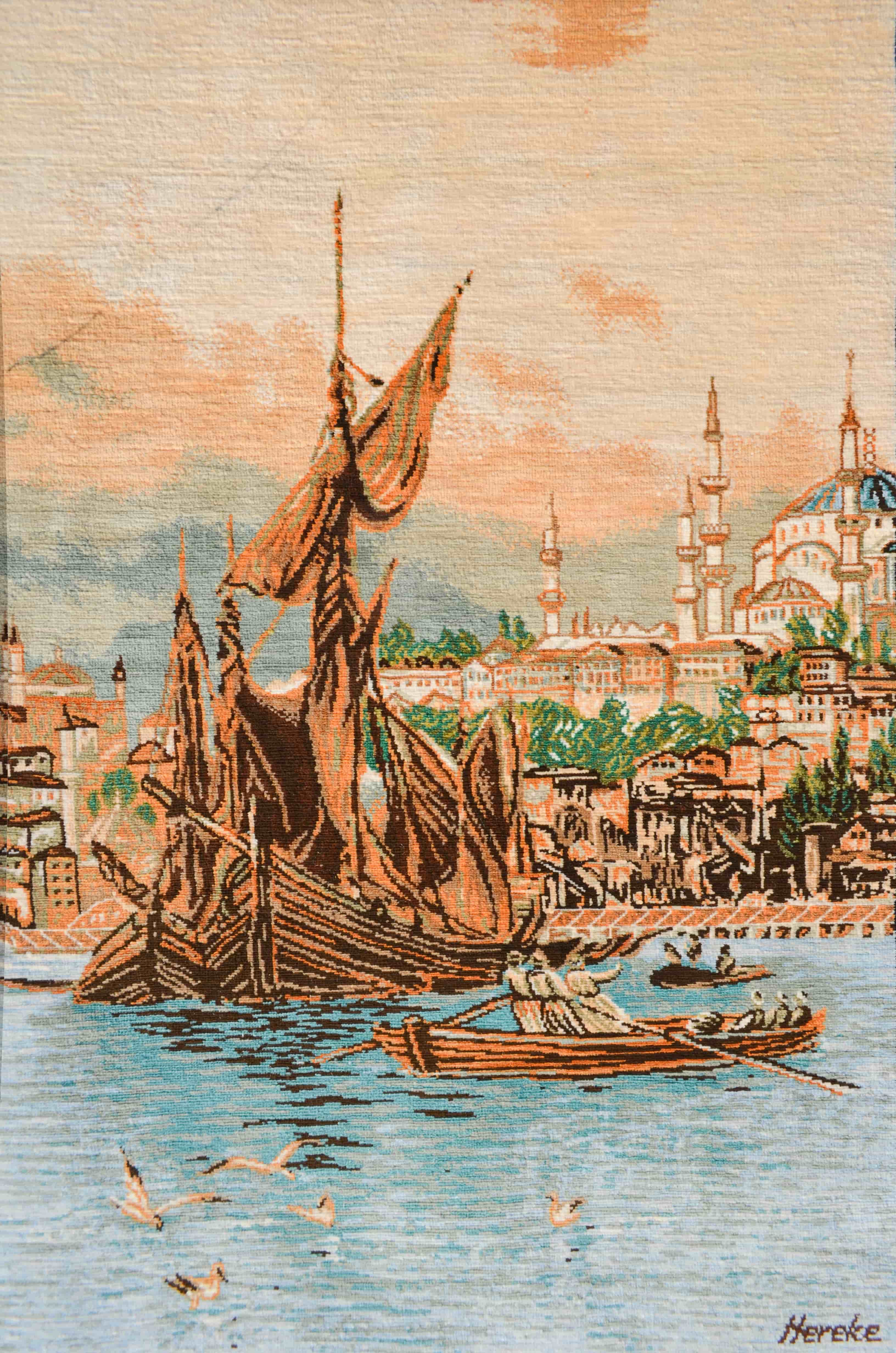 Eski İstanbul Desenli Saf İpek El Dokuma Duvar Halısı (33x47 cm)