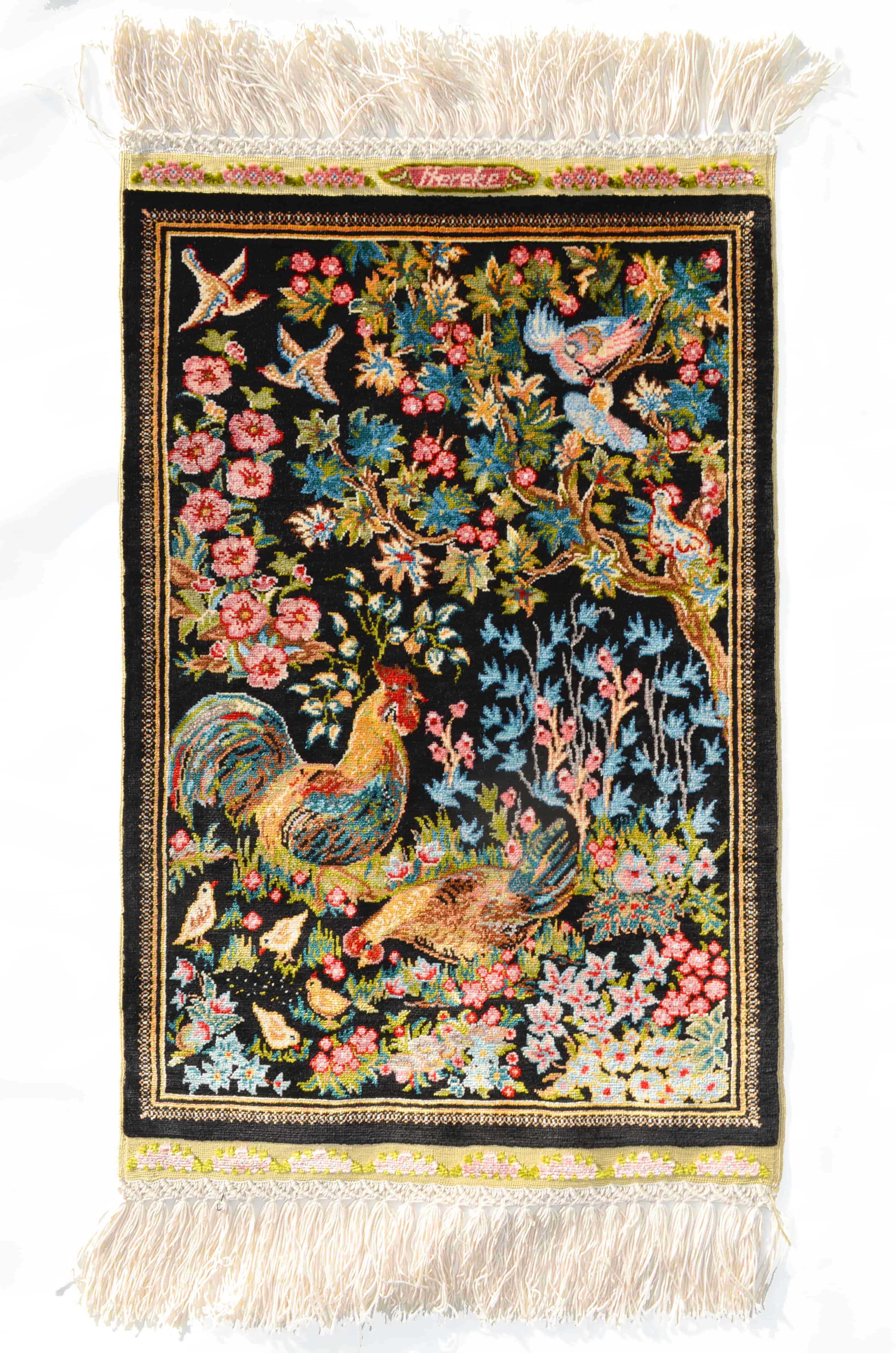 Doğa ve Kuş Tasvirli Saf İpek El Dokuma Duvar Halısı (32x50 cm)