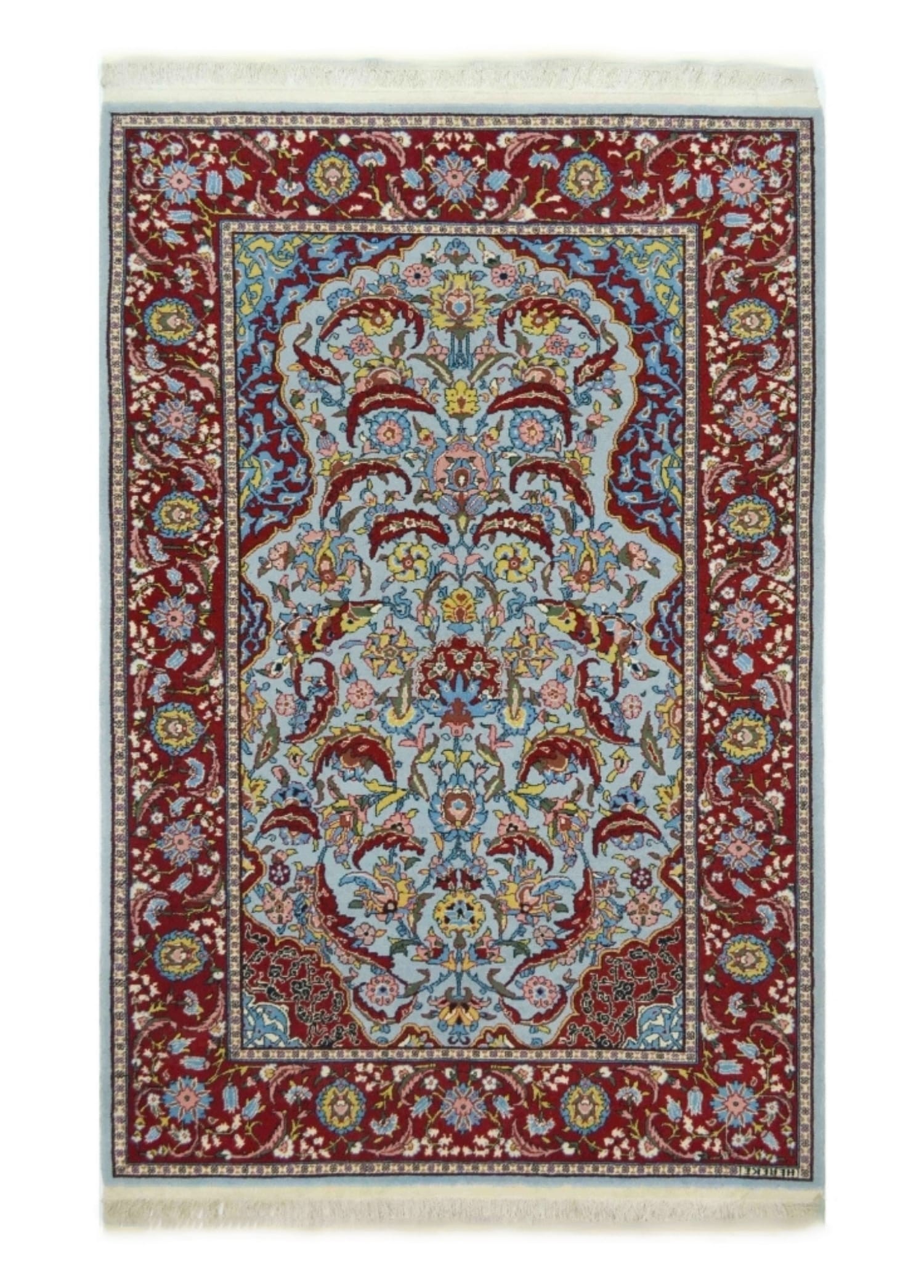 Orijinal Sümerbank Mihraplı Hereke El Dokuma Mavi ve Bordo Renk Yün Halı 112x181 cm (2.03 m²)