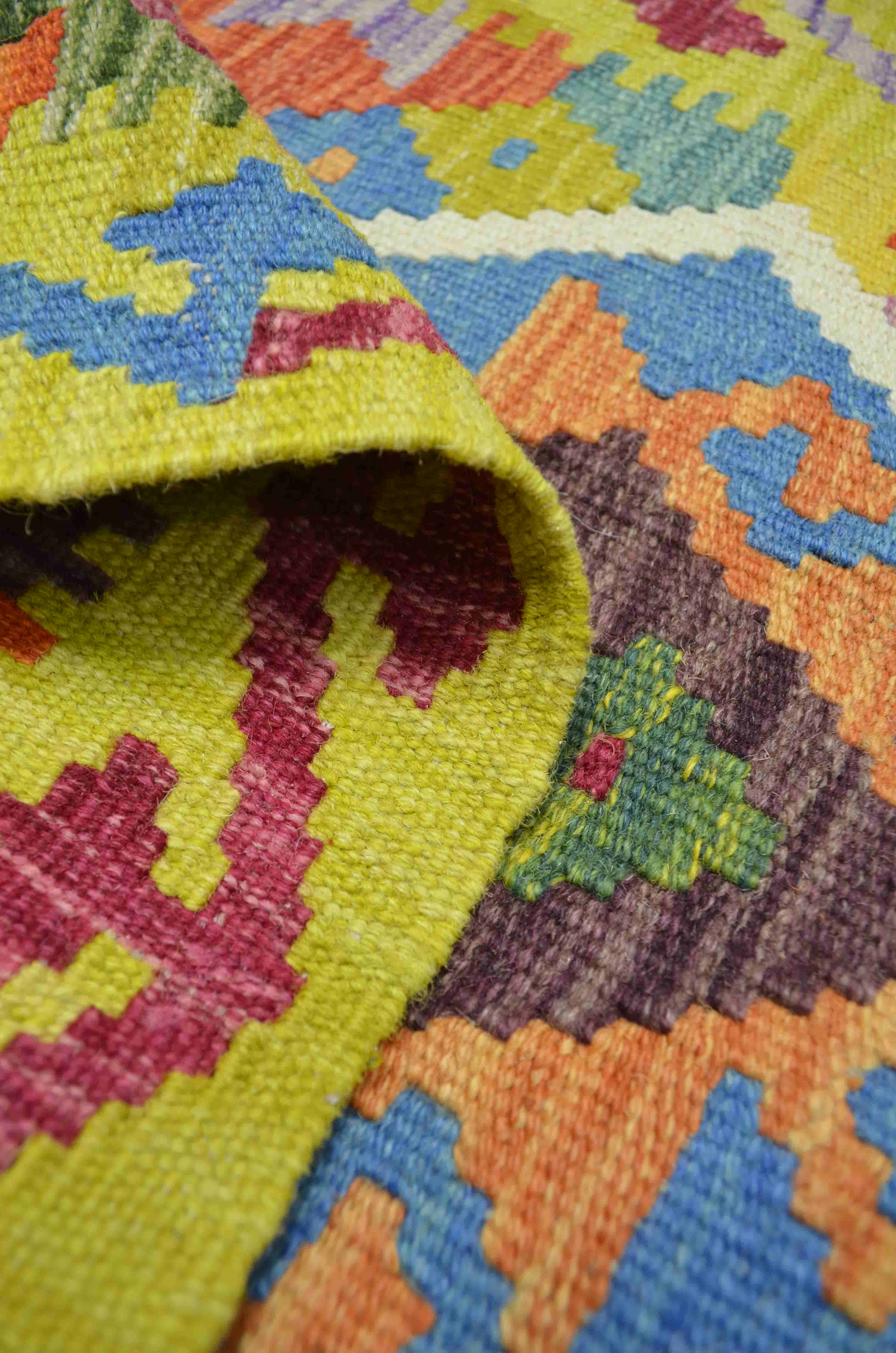 Yün İplikten El Dokuma Yeşil Renk Afgan Kilim Yolluk 57x212 cm (1.21 m²)