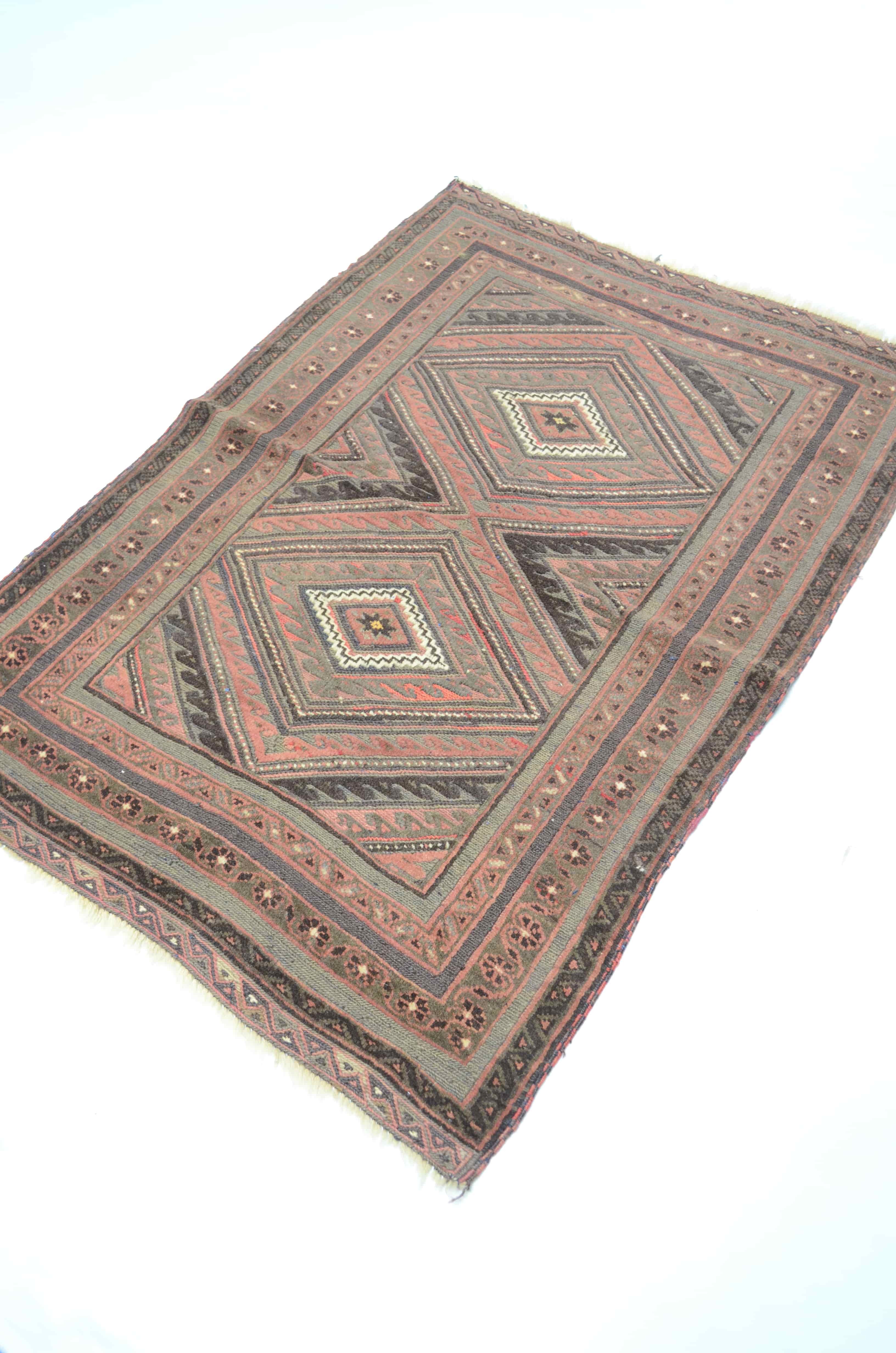 Afgan Muşvani El Dokuma Kabartmalı Kahverengi Yün Kilim 83x120 cm (1 m²)