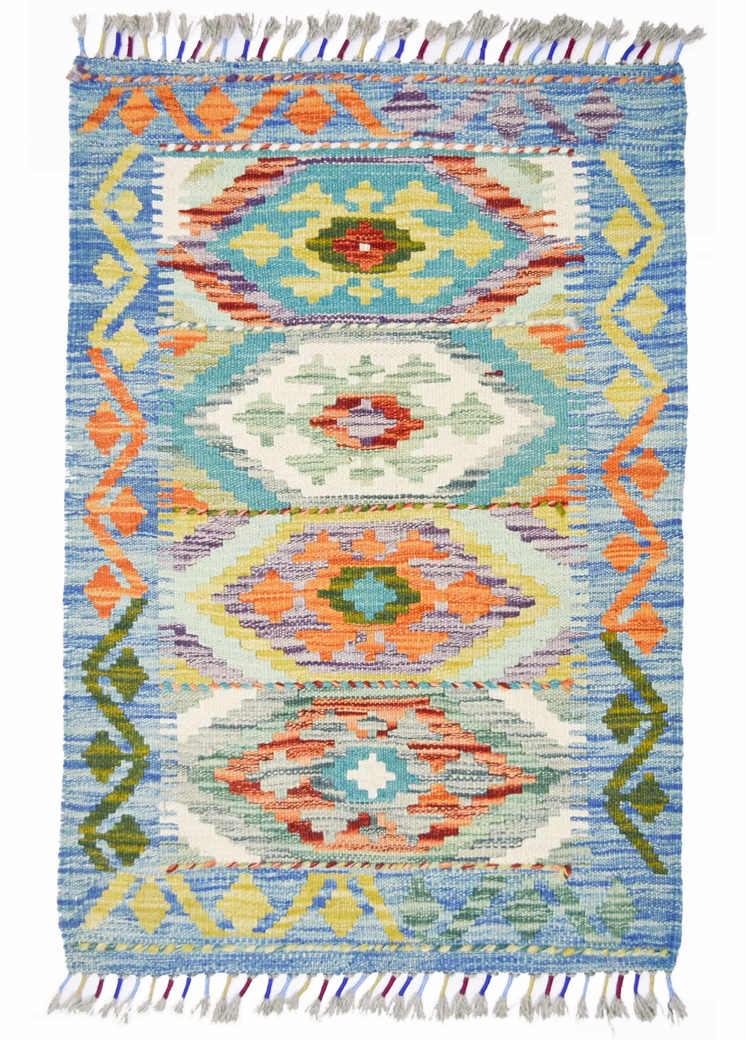 Yün İplikten El Dokuma Turkuaz Renk Afgan Kilim 88x101 cm (0.89 m²)