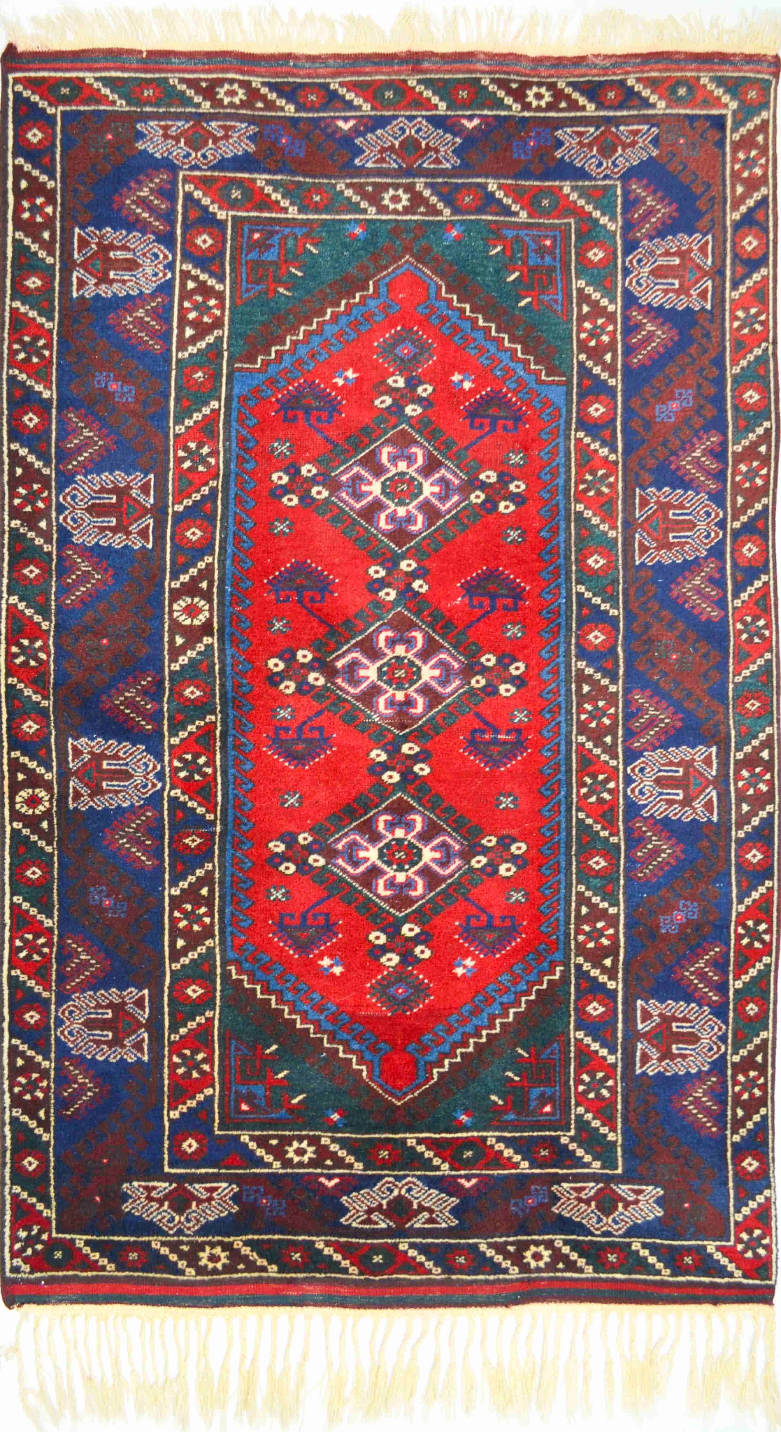 Antalya Döşemealtı El Dokuma Kırmızı ve Lacivert Renk Yün Halı 125x202 cm (2.52 m²)