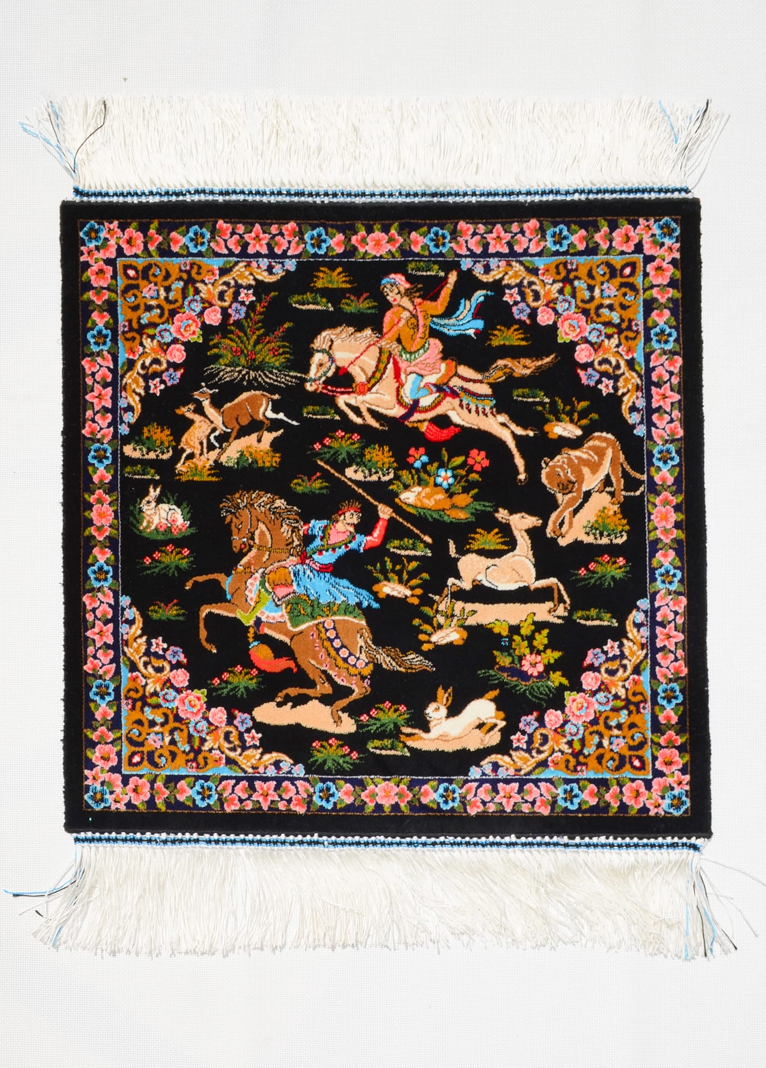 Geleneksel Desenli İpek Minyatür Halı 40x40 cm (0.16 m²) - Av Sahnesi Siyah