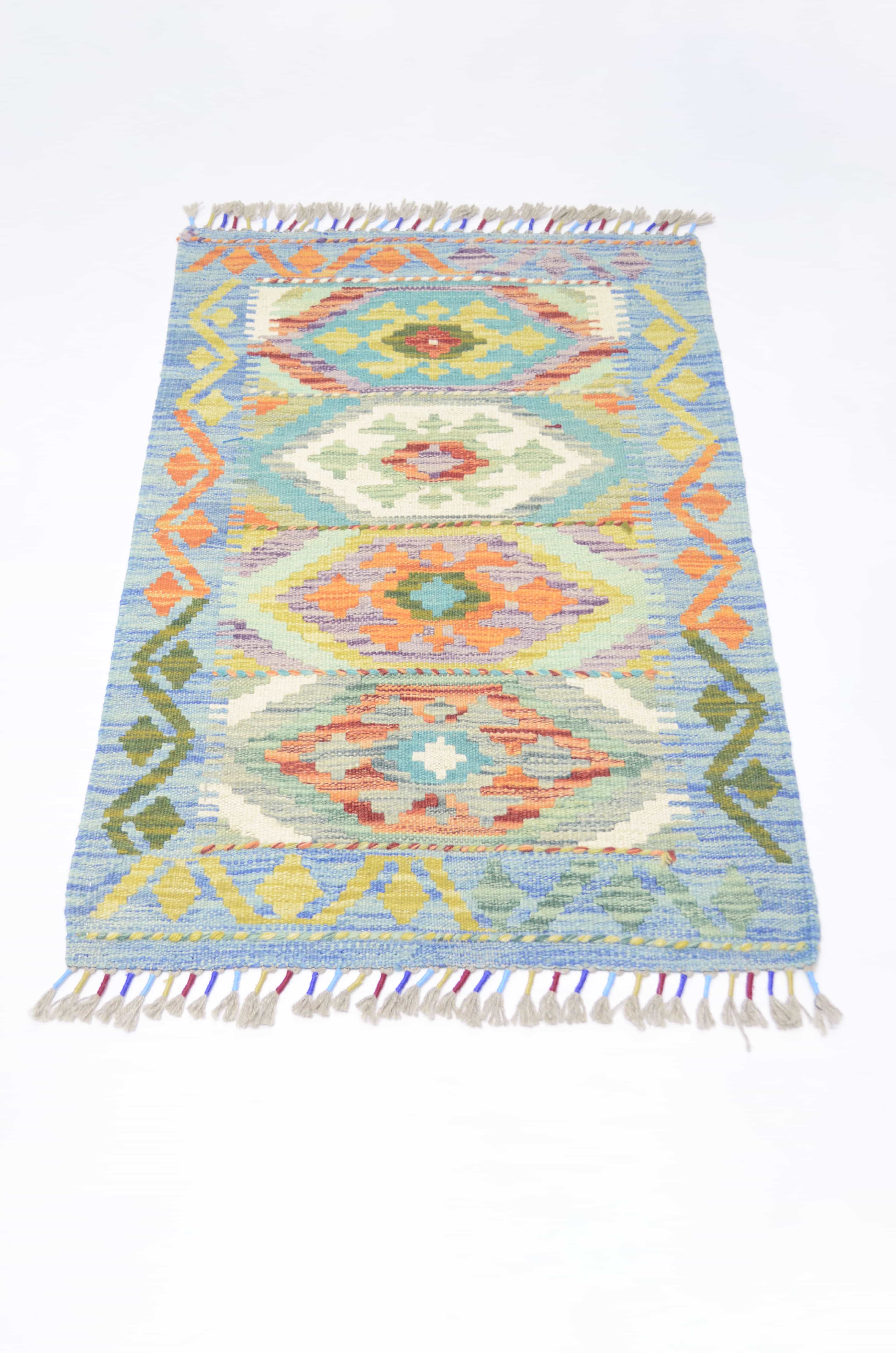 Yün İplikten El Dokuma Turkuaz Renk Afgan Kilim 61x88 cm (0.53 m²)