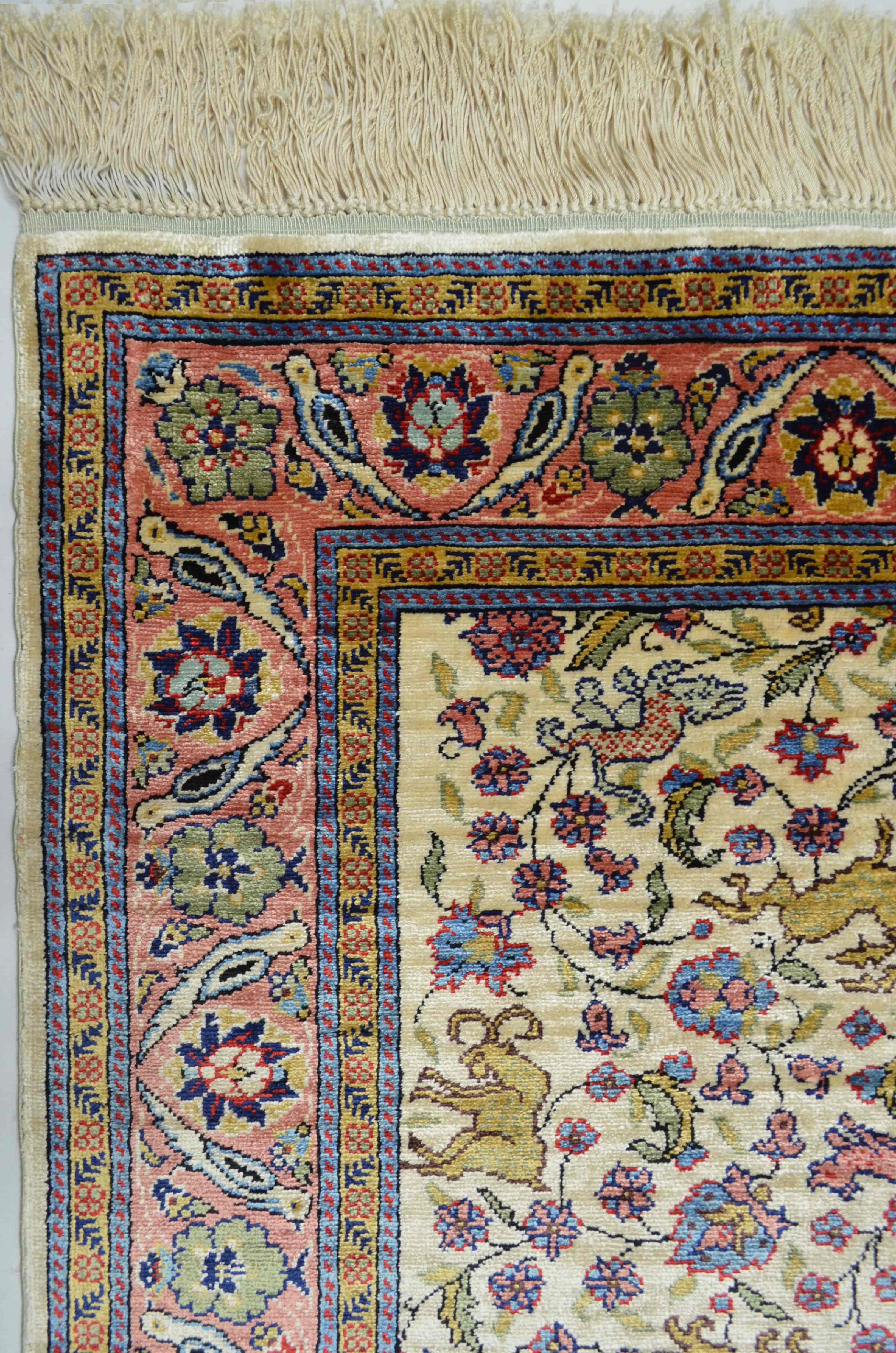 Saf İpekten El Dokuma Krem & Pembe Renk Kayseri Halısı Yolluk 82x200 cm (1.64 m²)