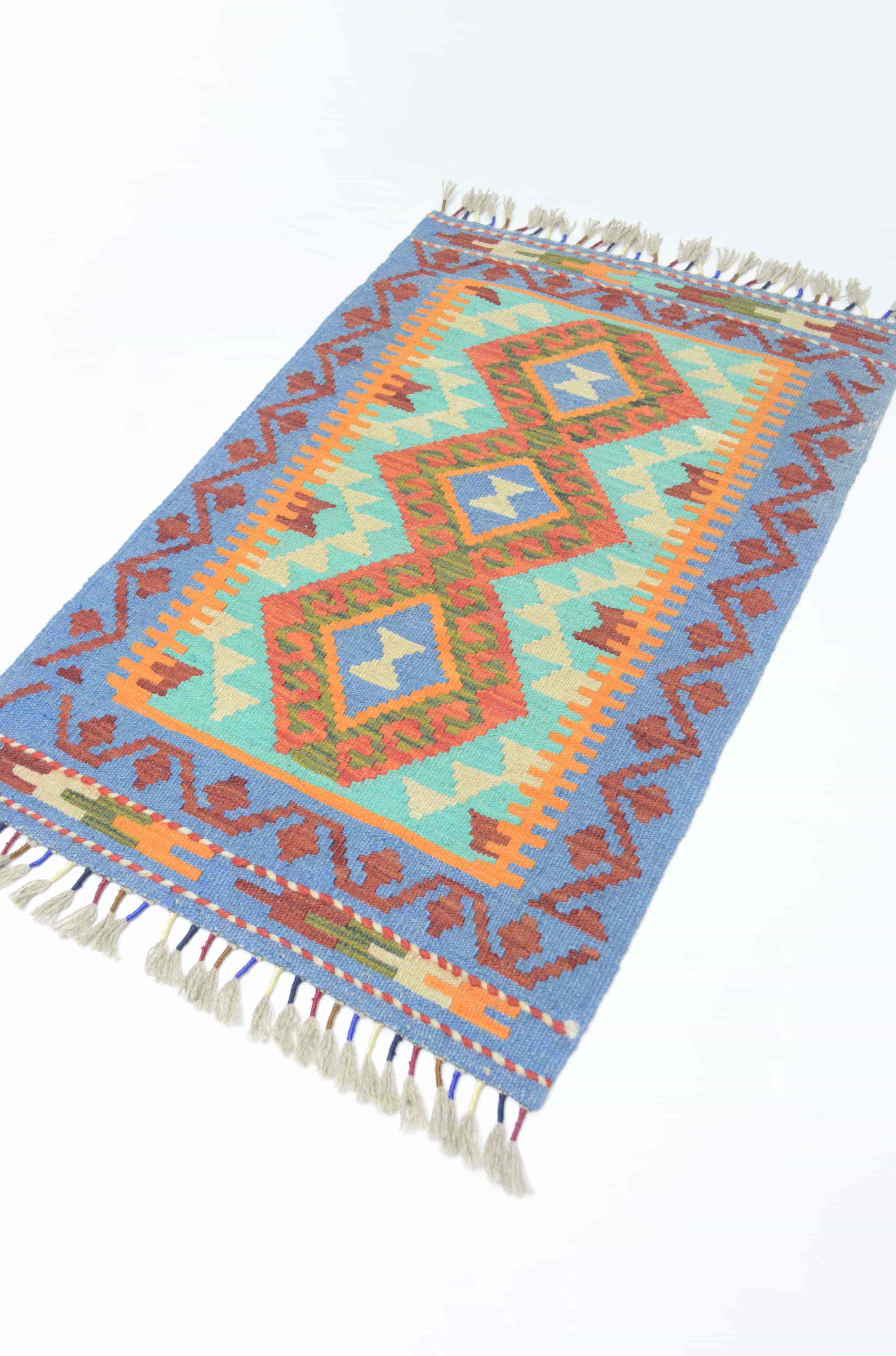 Yün İplikten El Dokuma Mavi ve Turuncu Renk Afgan Kilim 60x90 cm (0.54 m²)