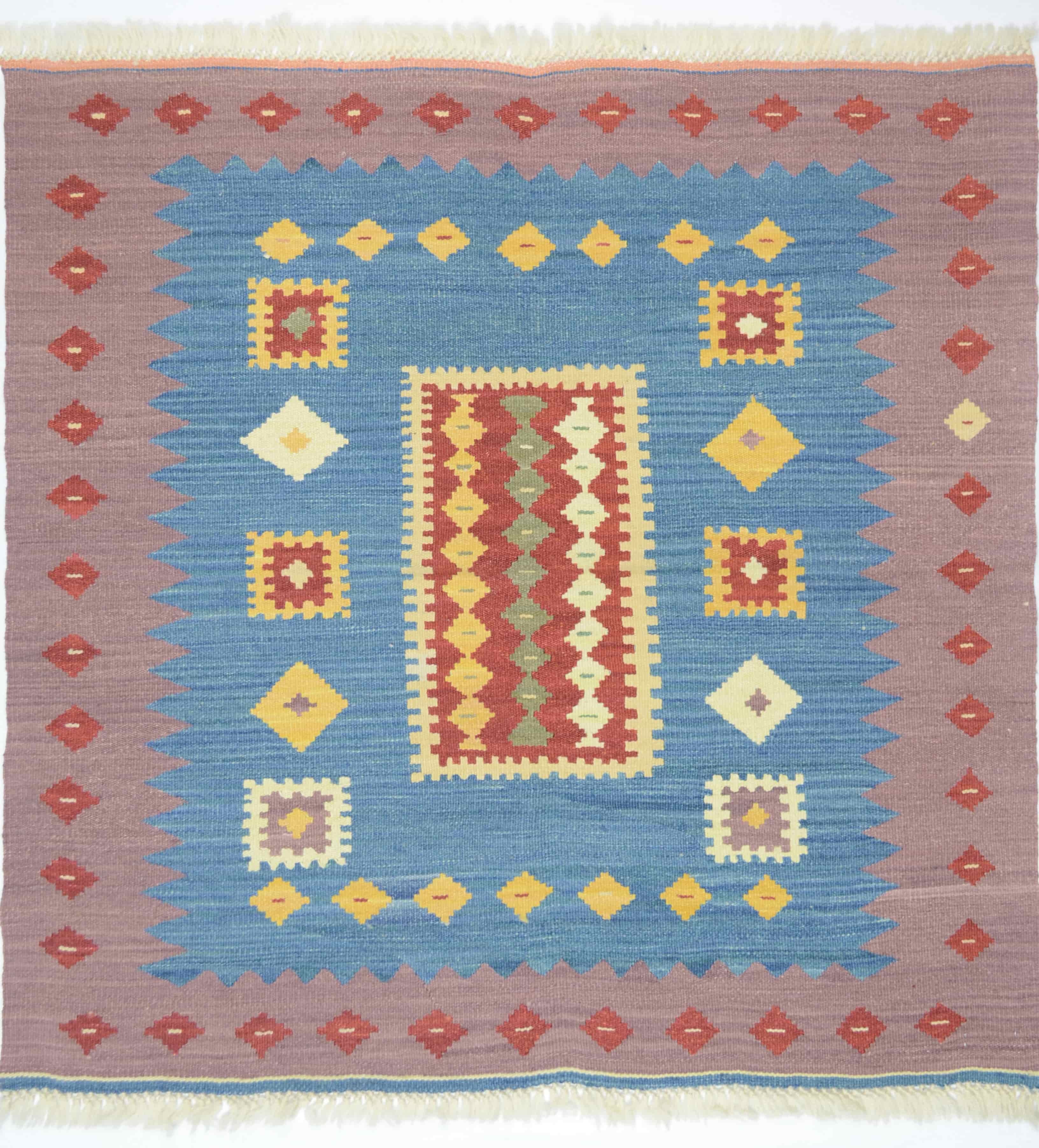 İran Koçan Yünden El Dokuma Mavi ve Mor Renk Sofra Kilimi 90x90 cm (0.81 m²)