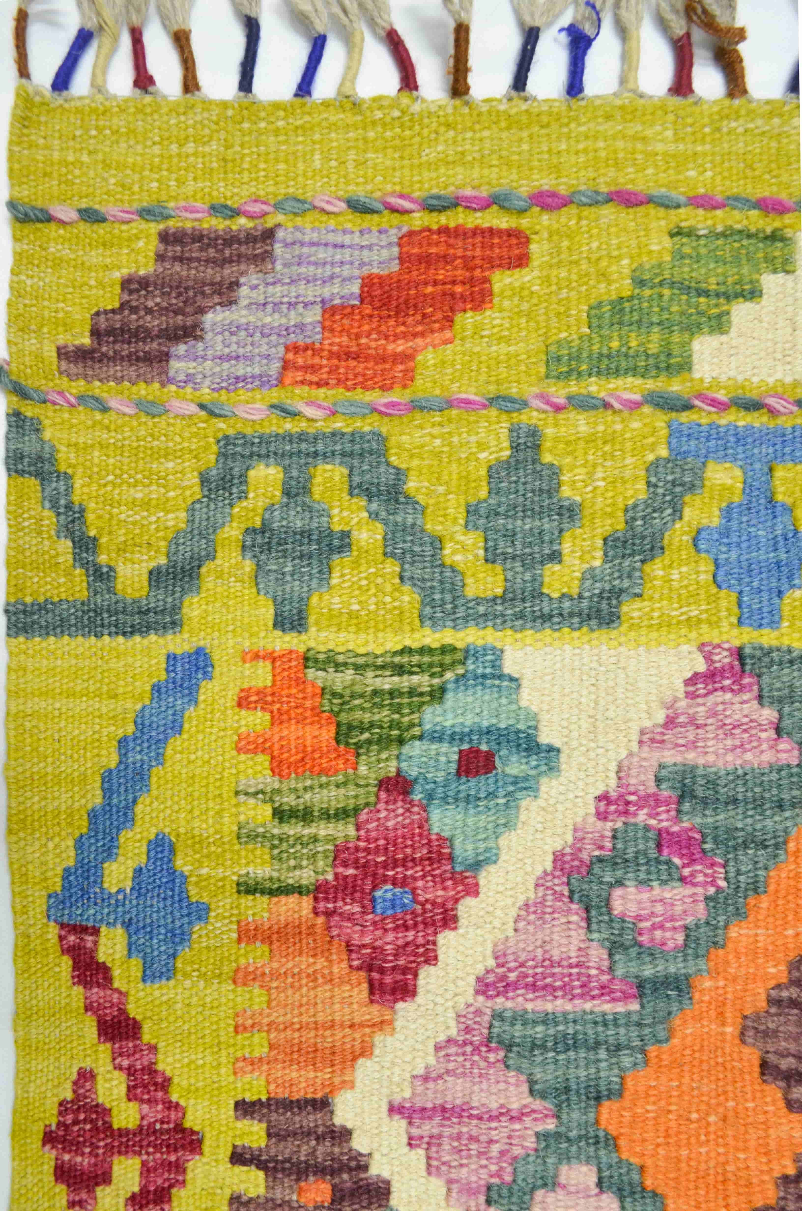 Yün İplikten El Dokuma Yeşil Renk Afgan Kilim Yolluk 57x212 cm (1.21 m²)