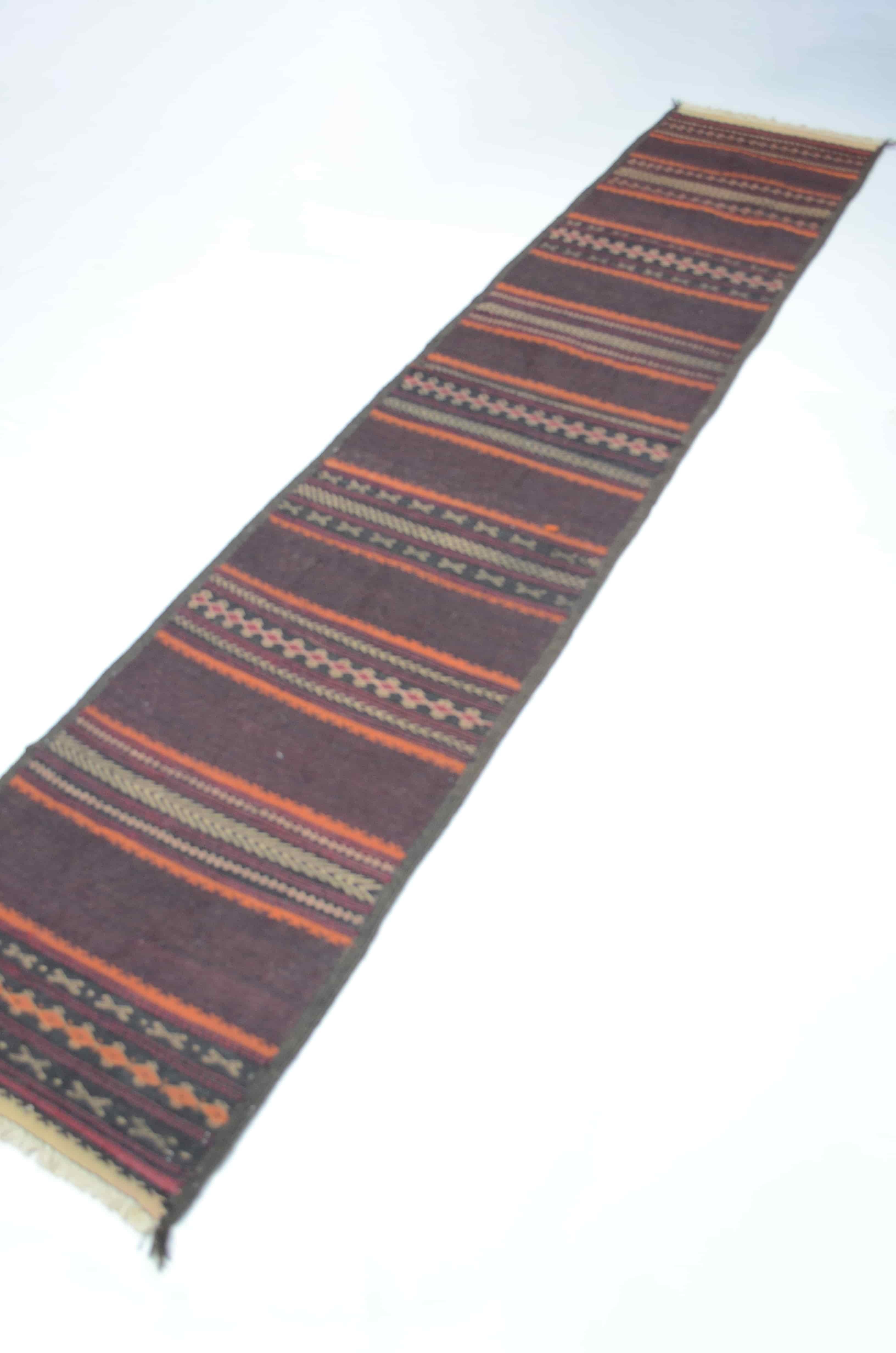 Afgan Kaleynof El Dokuma Kahverengi Yün Kilim Yolluk 55x275 cm (1.51 m²)