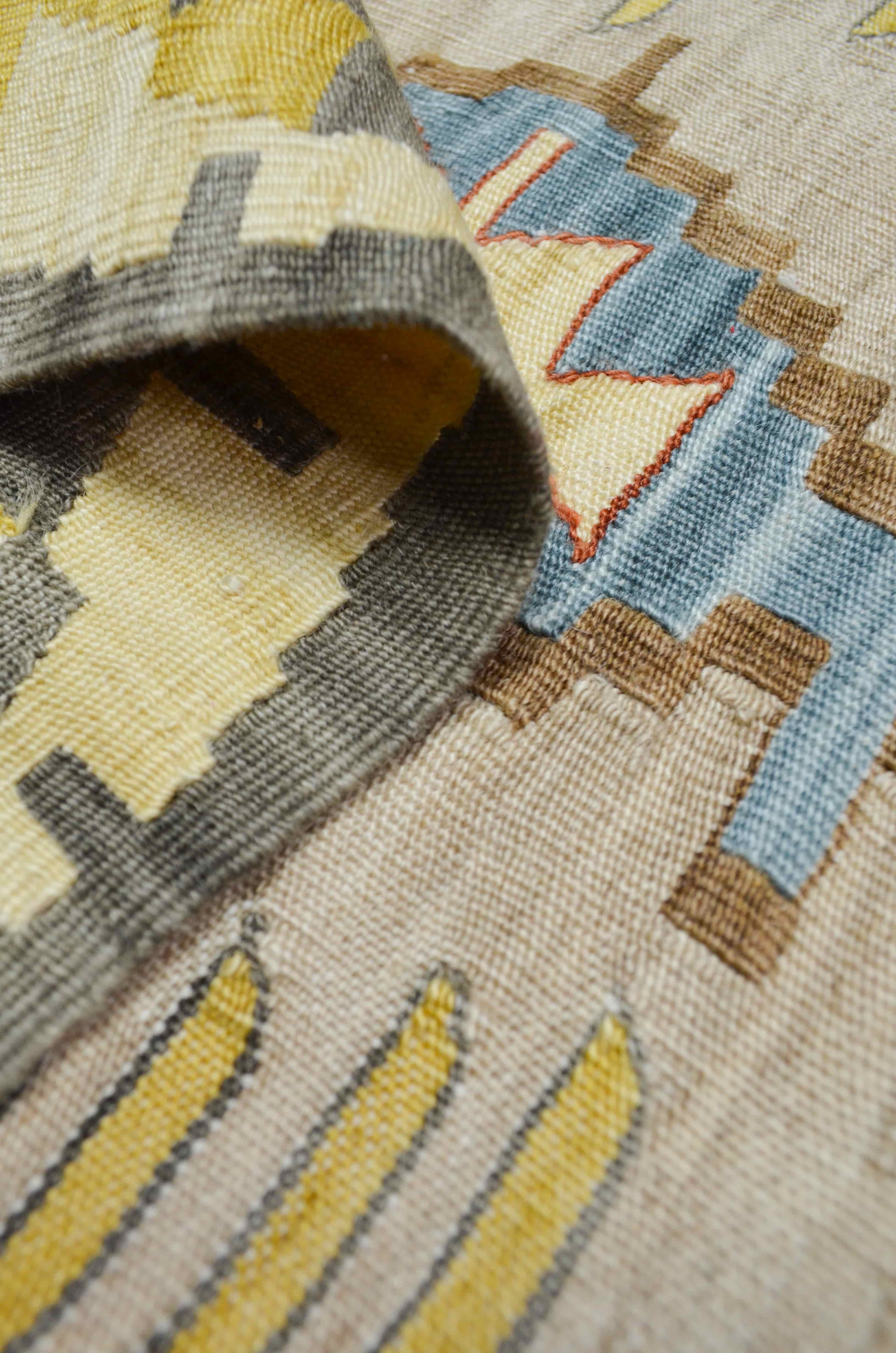 El Dokuma Sarı ve Mavi Renk Uşak Kilim Yolluk 60x170 cm (1,02 m²)