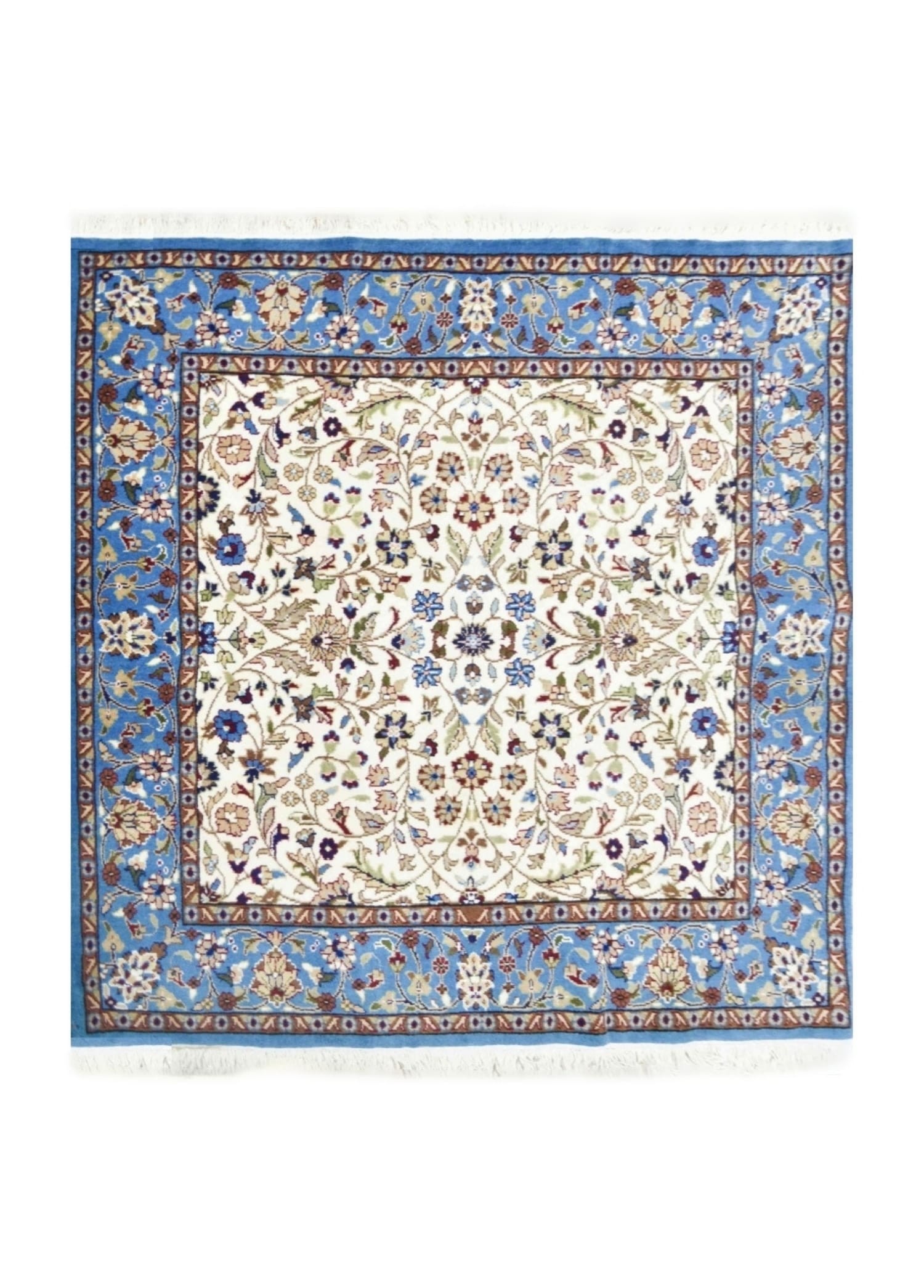 İran El Dokuma Kare Krem ve Mavi Renk Yün Halı 154x154 cm (2.37 m²)