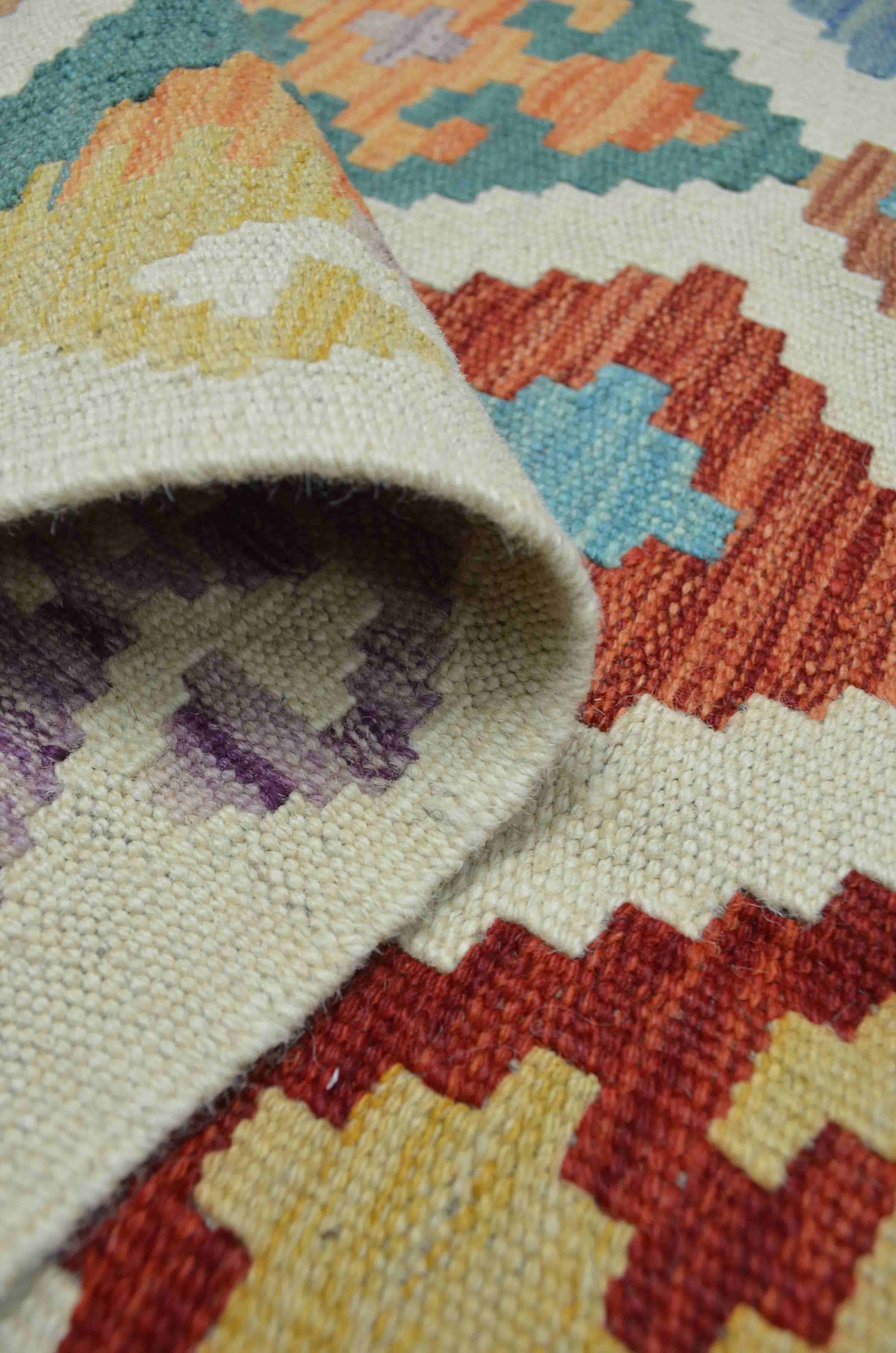 Yün İplikten El Dokuma Krem Renk Afgan Kilim 76x123 cm (0.94 m²)