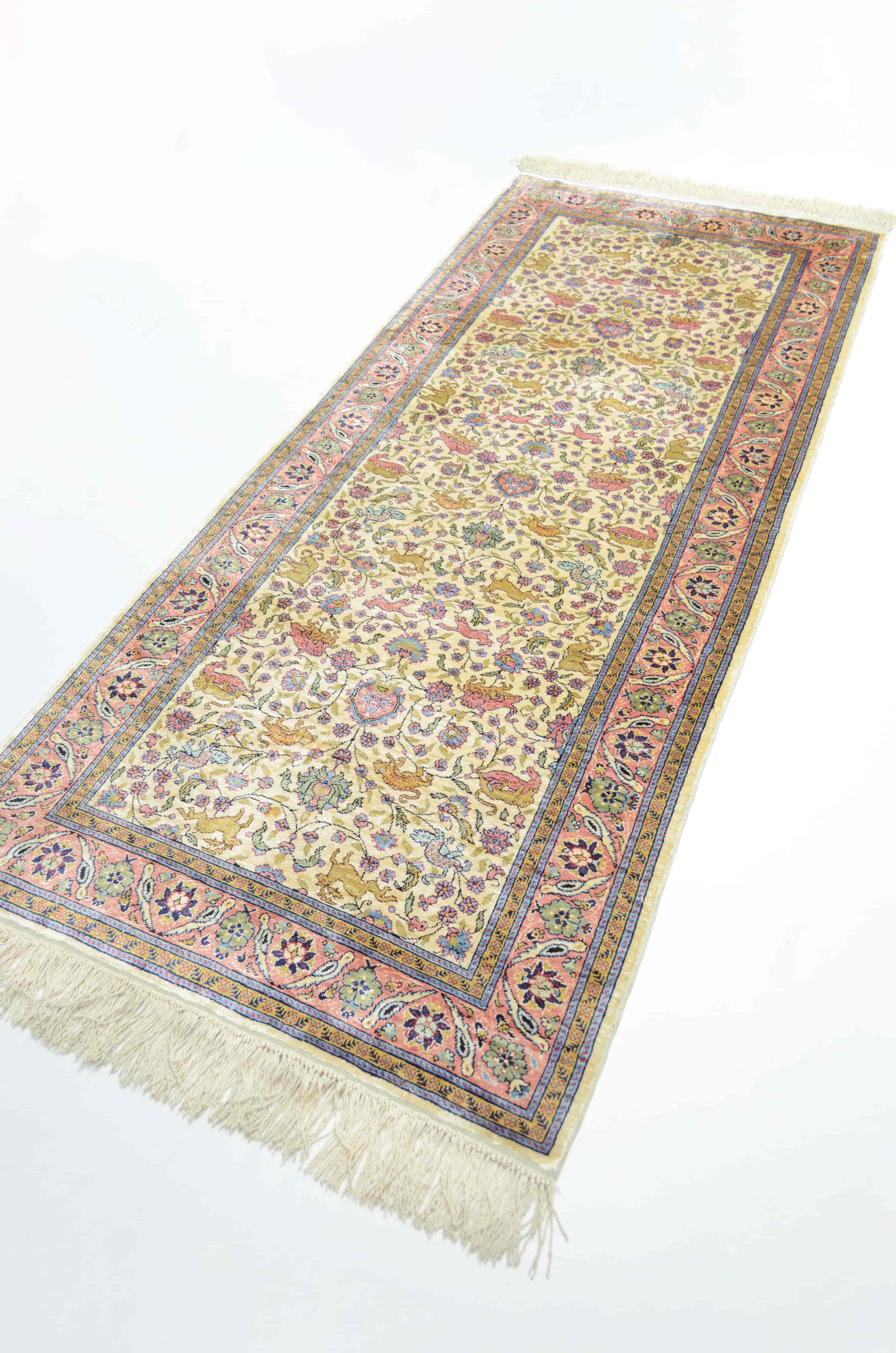 Saf İpekten El Dokuma Krem & Pembe Renk Kayseri Halısı Yolluk 82x200 cm (1.64 m²)