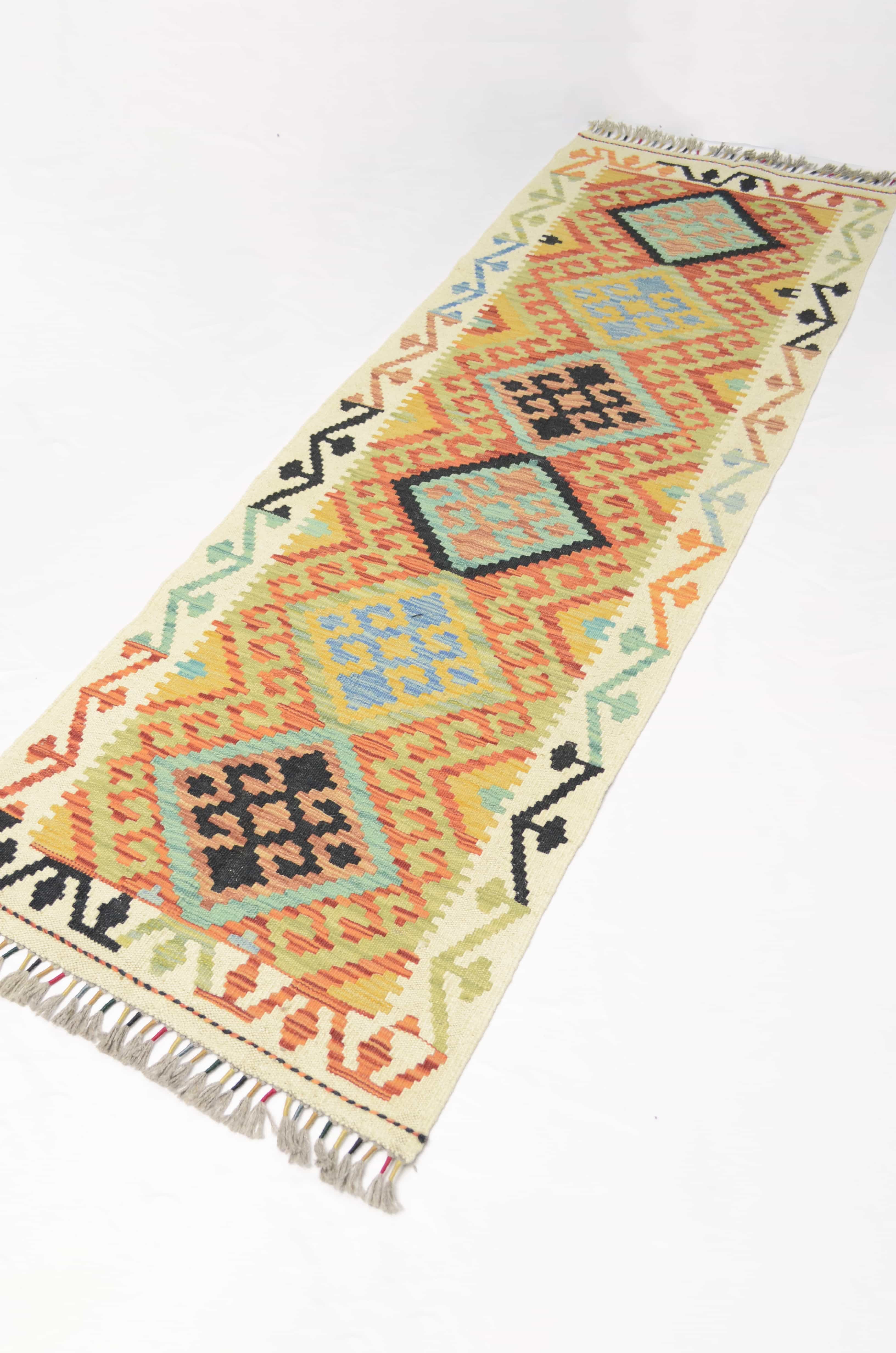 Yün İplikten El Dokuma Turuncu Afgan Kilim Yolluk 65x192 cm (1.25 m²)