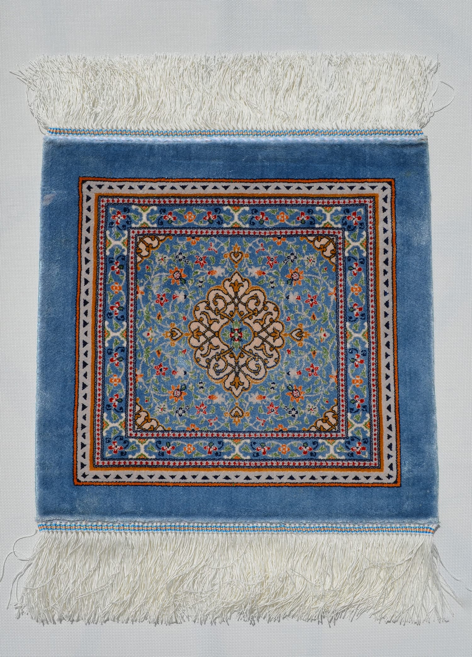 Geleneksel Desenli İpek Minyatür Halı 40x40 cm (0.16 m²) - Madalyonlu Açık Mavi