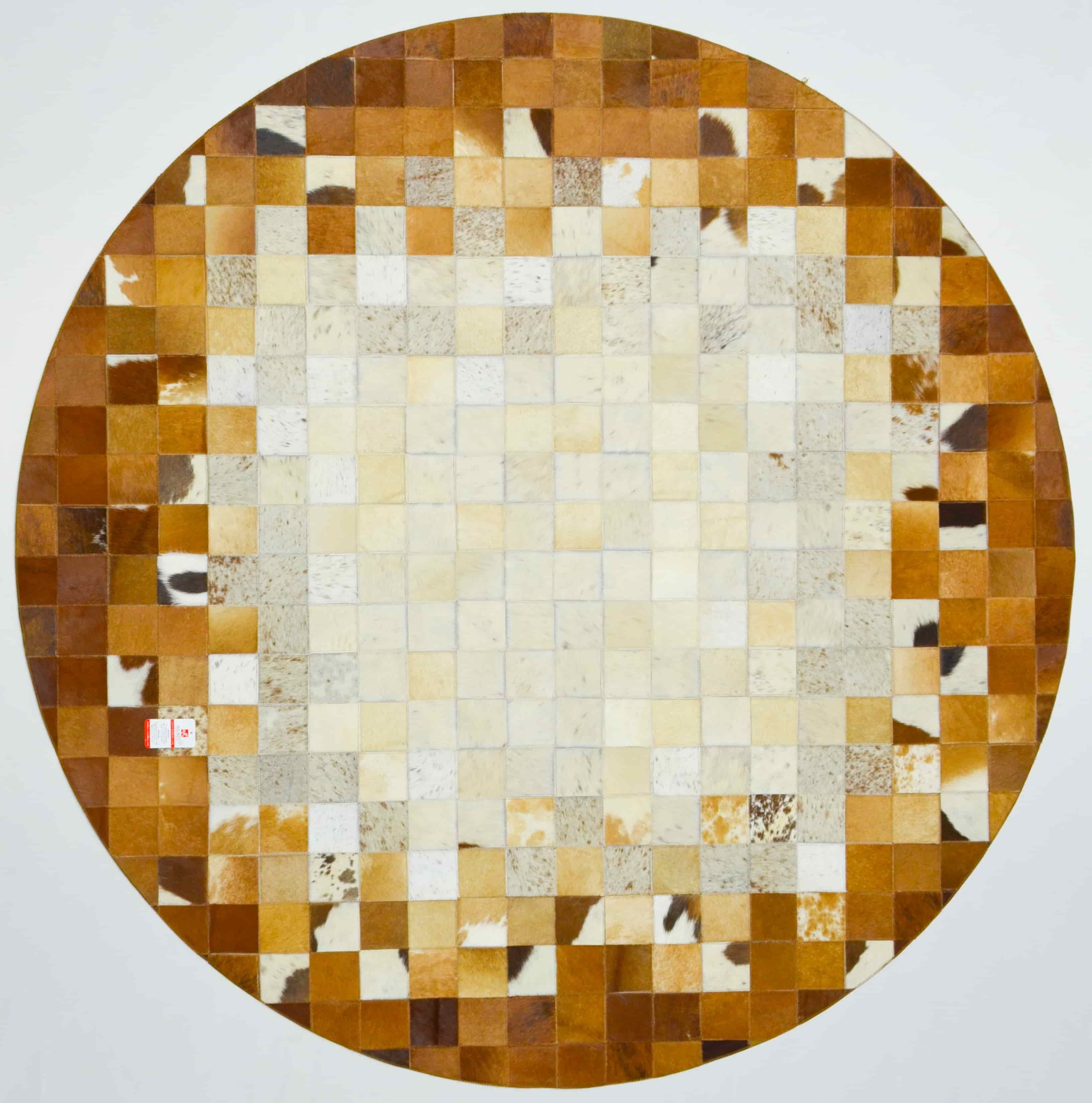 Krem ve Kahverengi Yuvarlak Deri Patchwork Halı 150x150 cm (2,25 m²)