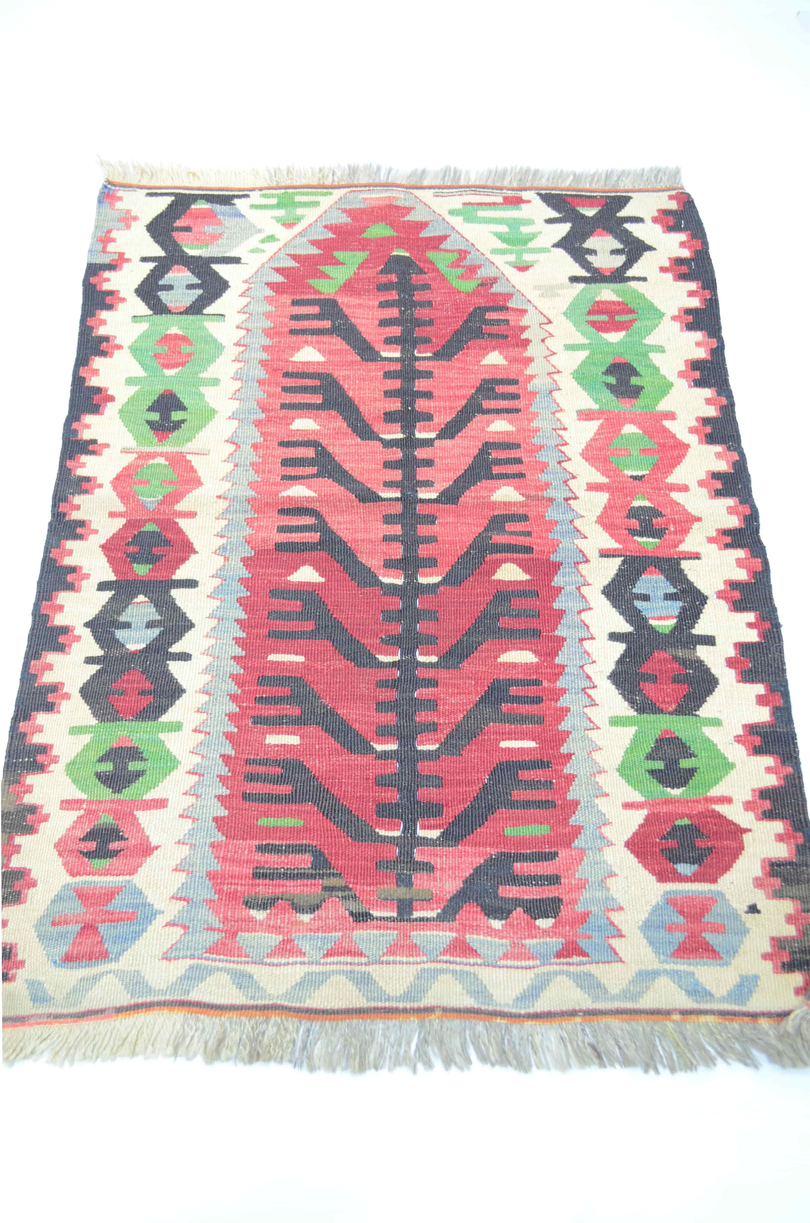 Uşak El Dokuma Hayat Ağacı Desenli Kırmızı ve Yeşil Renk Yün Kilim 71x93 cm (0,66 m²)