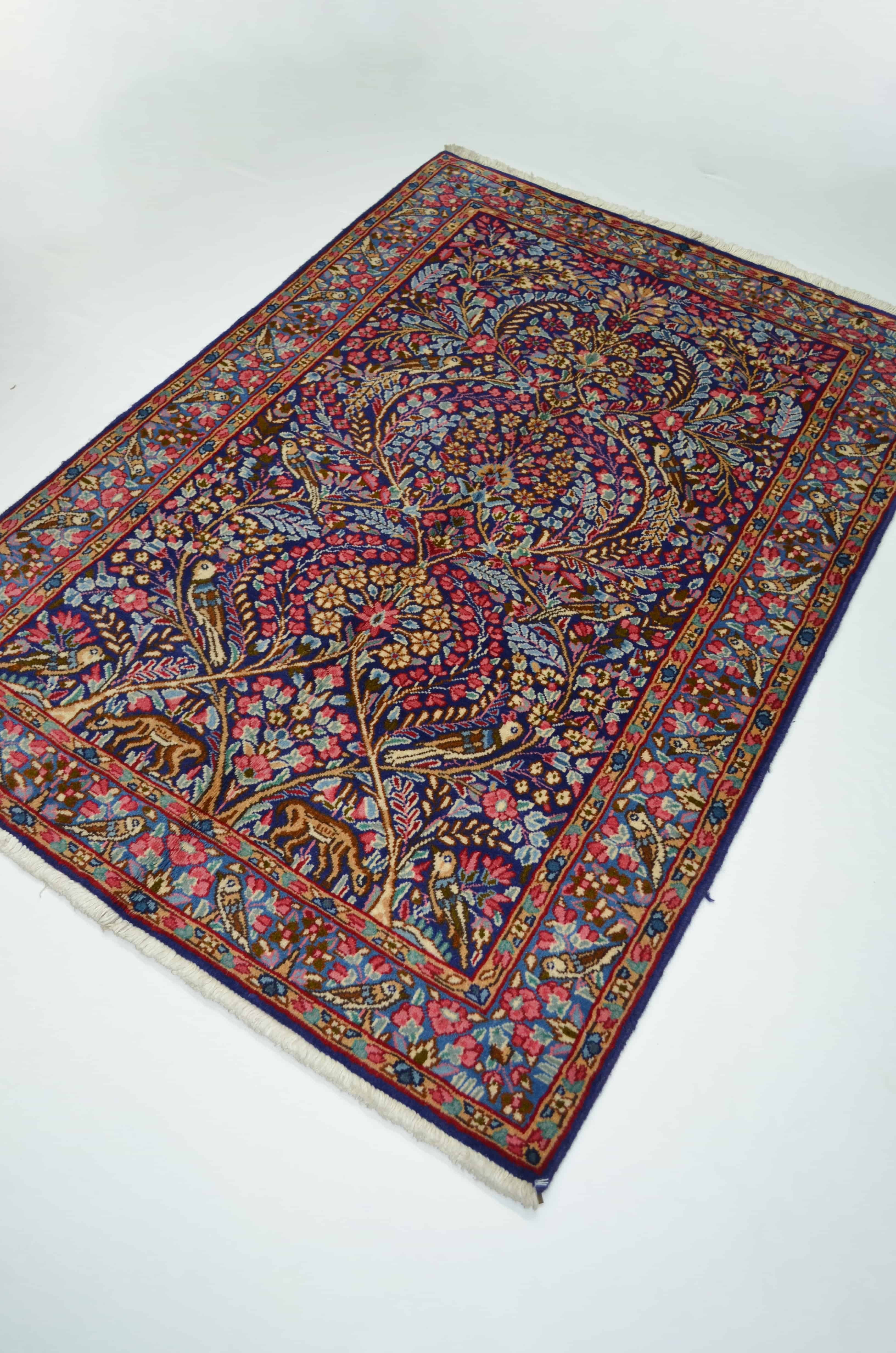İran Kirman Halısı, El Dokuma, Doğa Tasvirli Mavi Renk 100x146 cm (1.46 m²)
