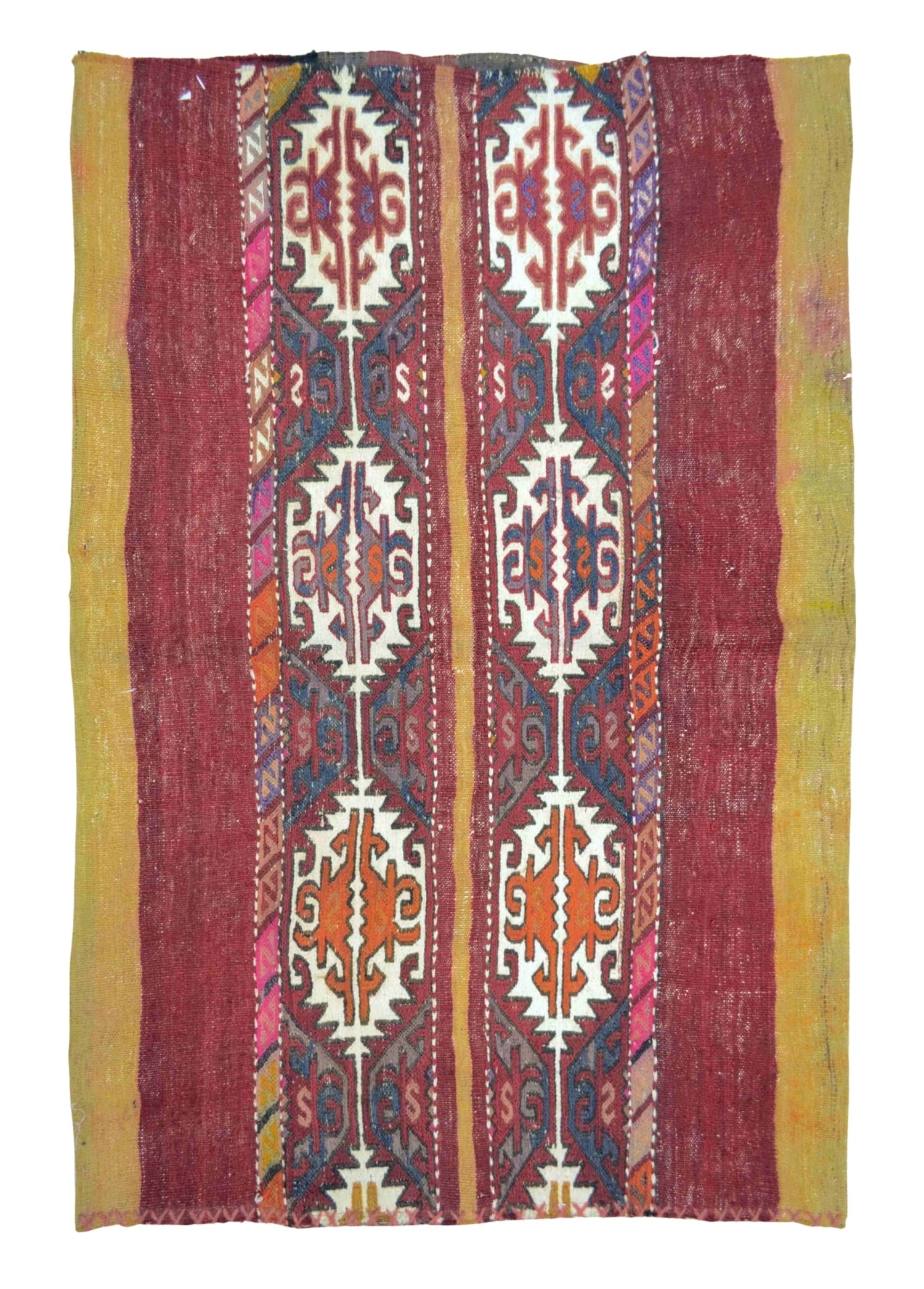 Vintage Adana Yünden El Dokuma Bordo ve Hardal Renk Çuval Kilim 74x112 cm (0.83 m²)