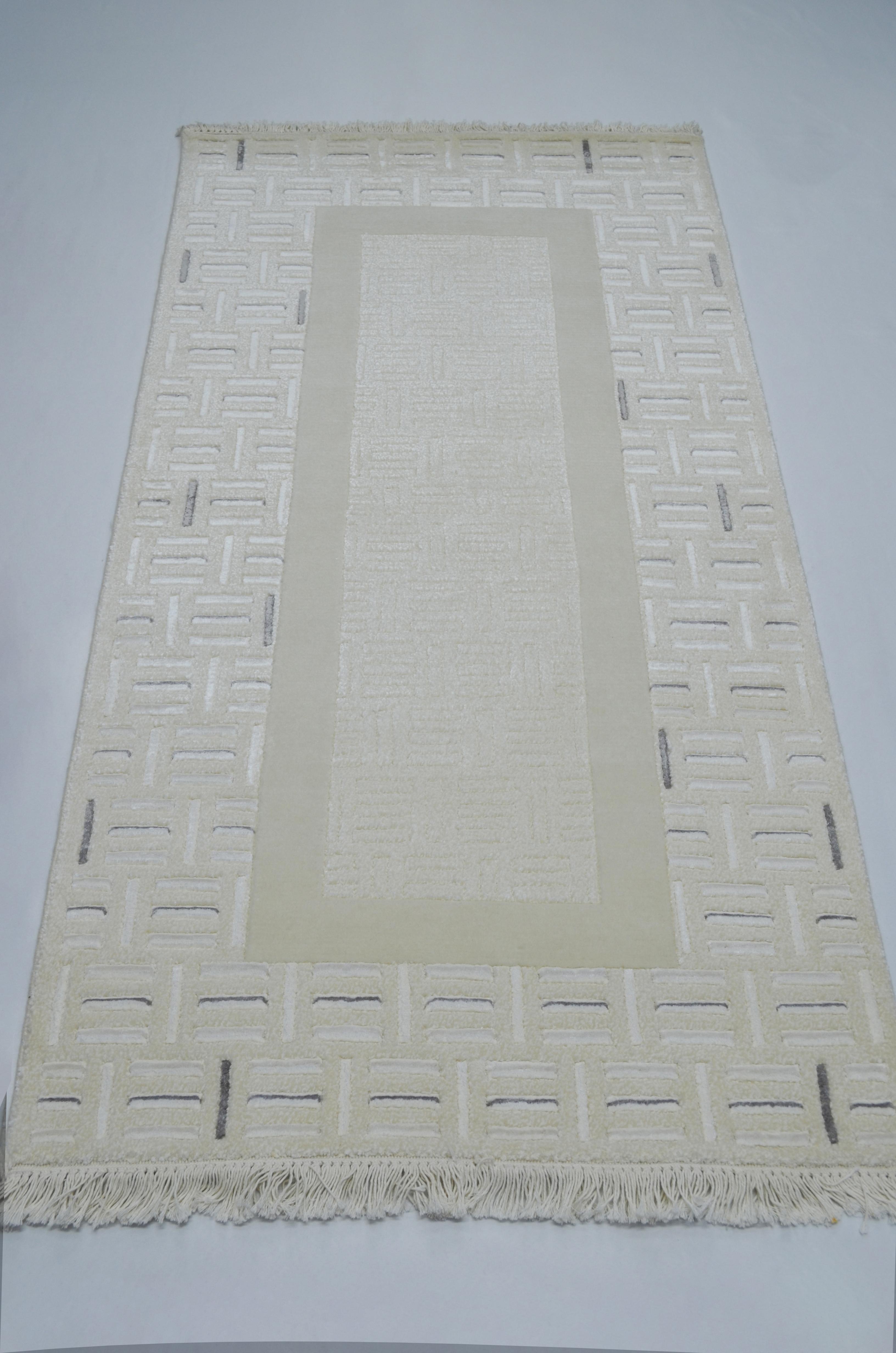 Yüksek Kalite Yünden El Dokuma Krem Renk Nepal Halısı 80x150 cm (1.2 m²)